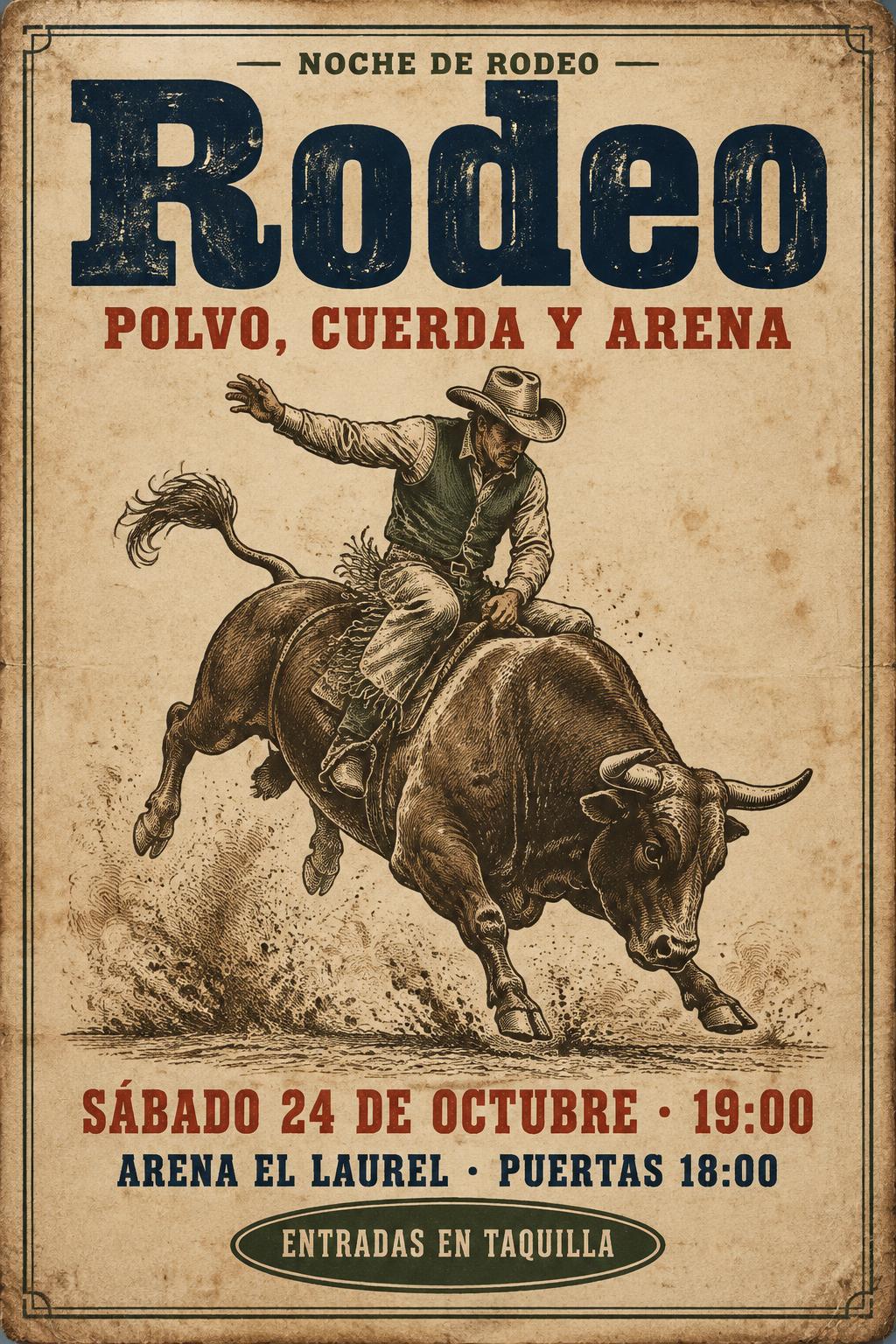 "Rodeo
NOCHE DE RODEO
POLVO, CUERDA Y ARENA
SÁBADO 24 DE OCTUBRE · 19:00
ARENA EL LAUREL · PUERTAS 18:00
ENTRADAS EN TAQUILLA" — Vintage | AI Text Effect Generator