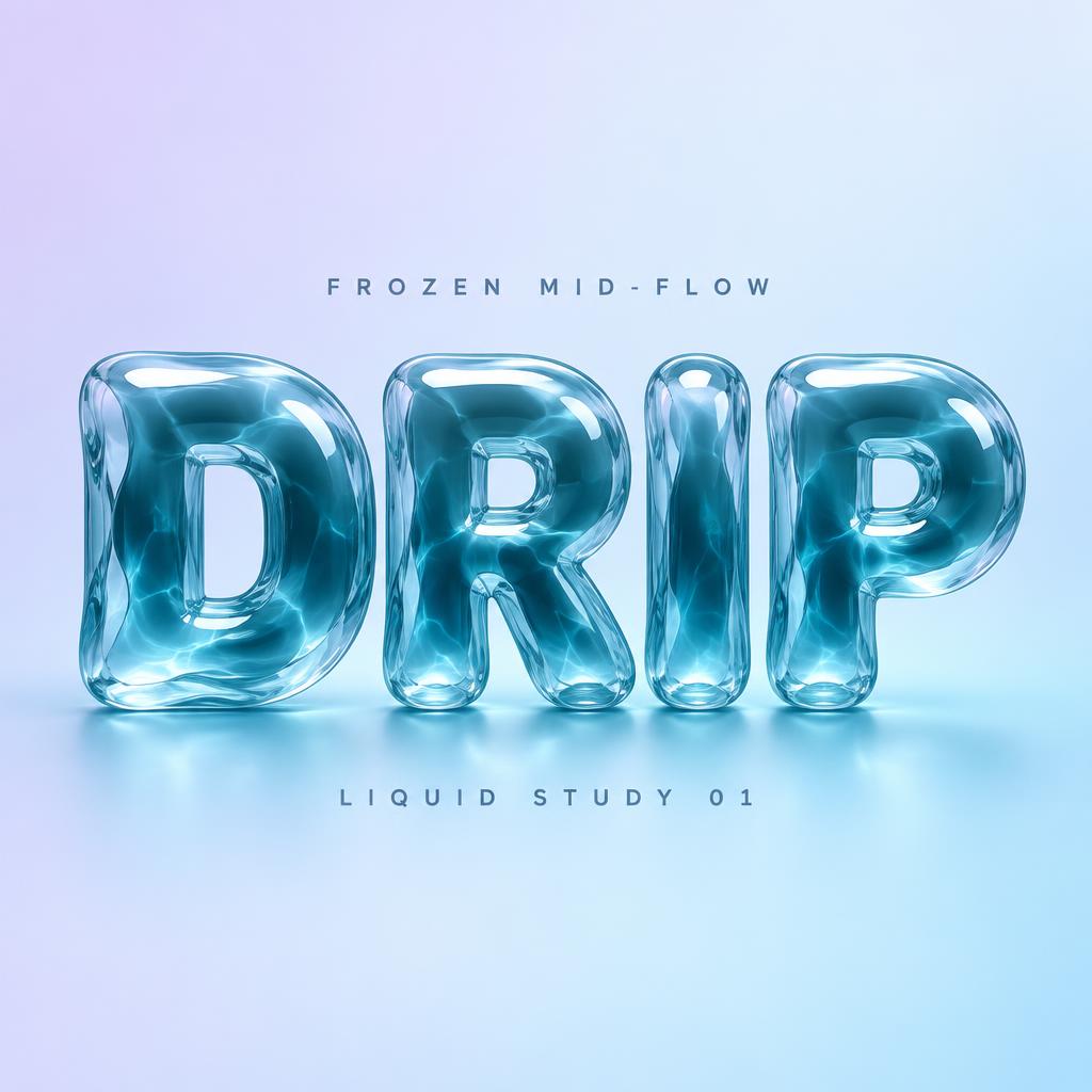 "DRIP
FROZEN MID-FLOW
LIQUID STUDY 01" — Glass Liquid | AI Text Effect Generator