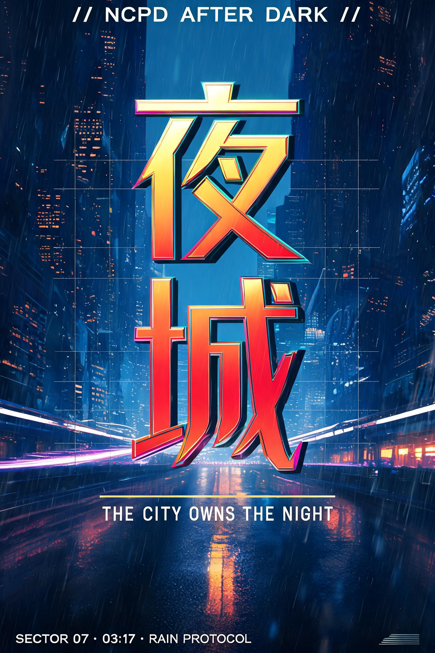 帮我做赛博游戏同人海报，写「夜之城」，黄红铬字加锐角霓虹