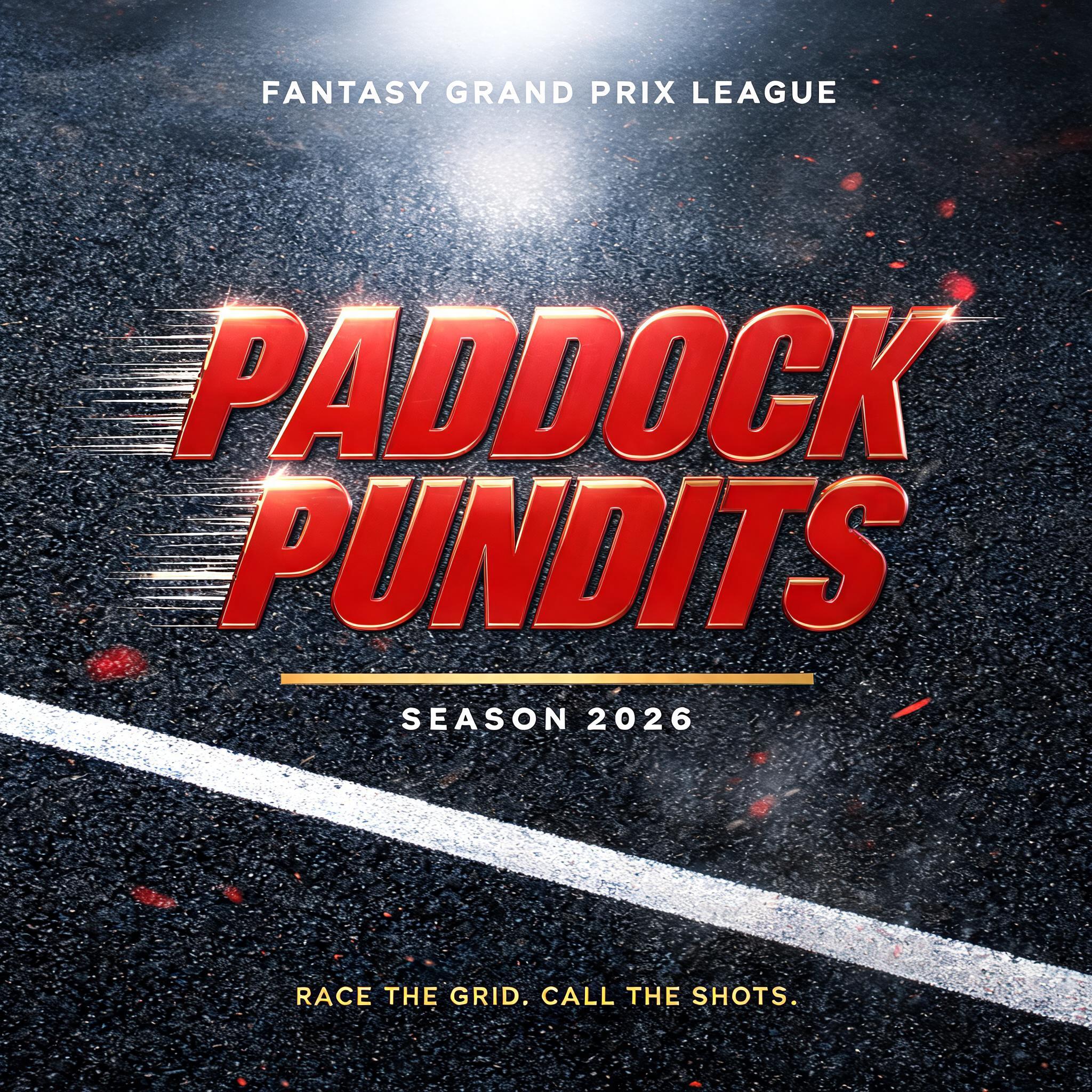 "PADDOCK
PUNDITS
FANTASY GRAND PRIX LEAGUE
SEASON 2026
RACE THE GRID. CALL THE SHOTS." — Racing | AI Text Effect Generator