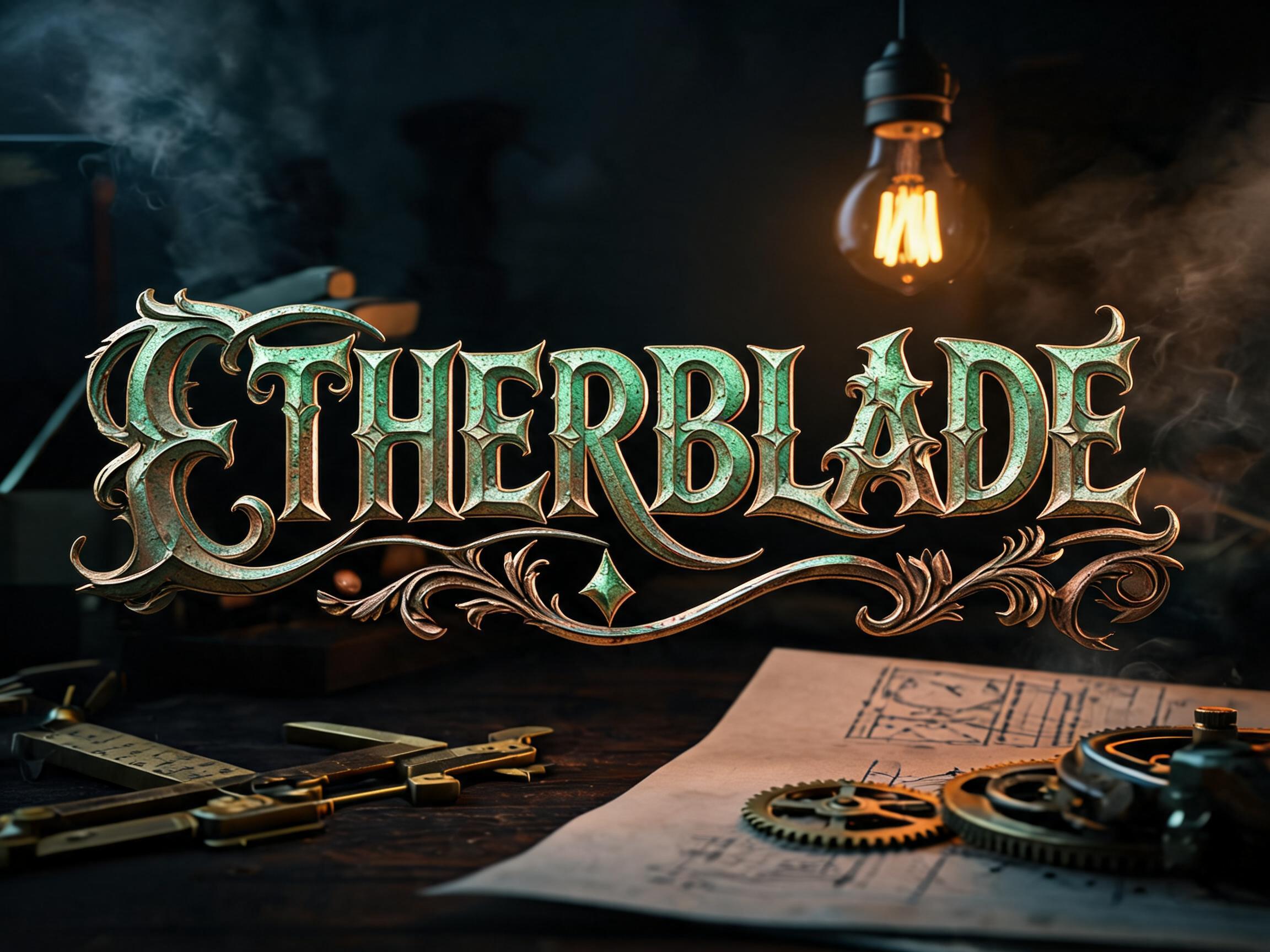 "ETHERBLADE" — Steampunk text effect
