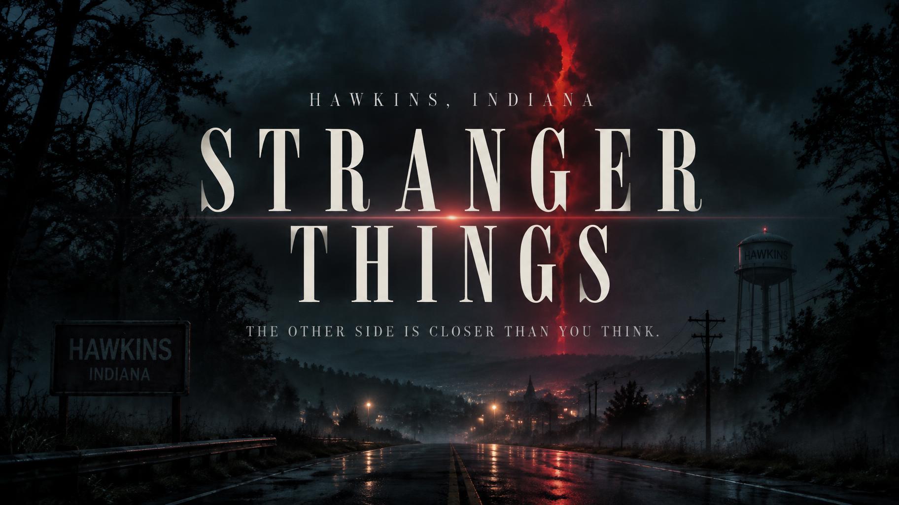 "STRANGER THINGS
HAWKINS, INDIANA
THE OTHER SIDE IS CLOSER THAN YOU THINK." — Cinematic Netflix | AI Text Effect Generator