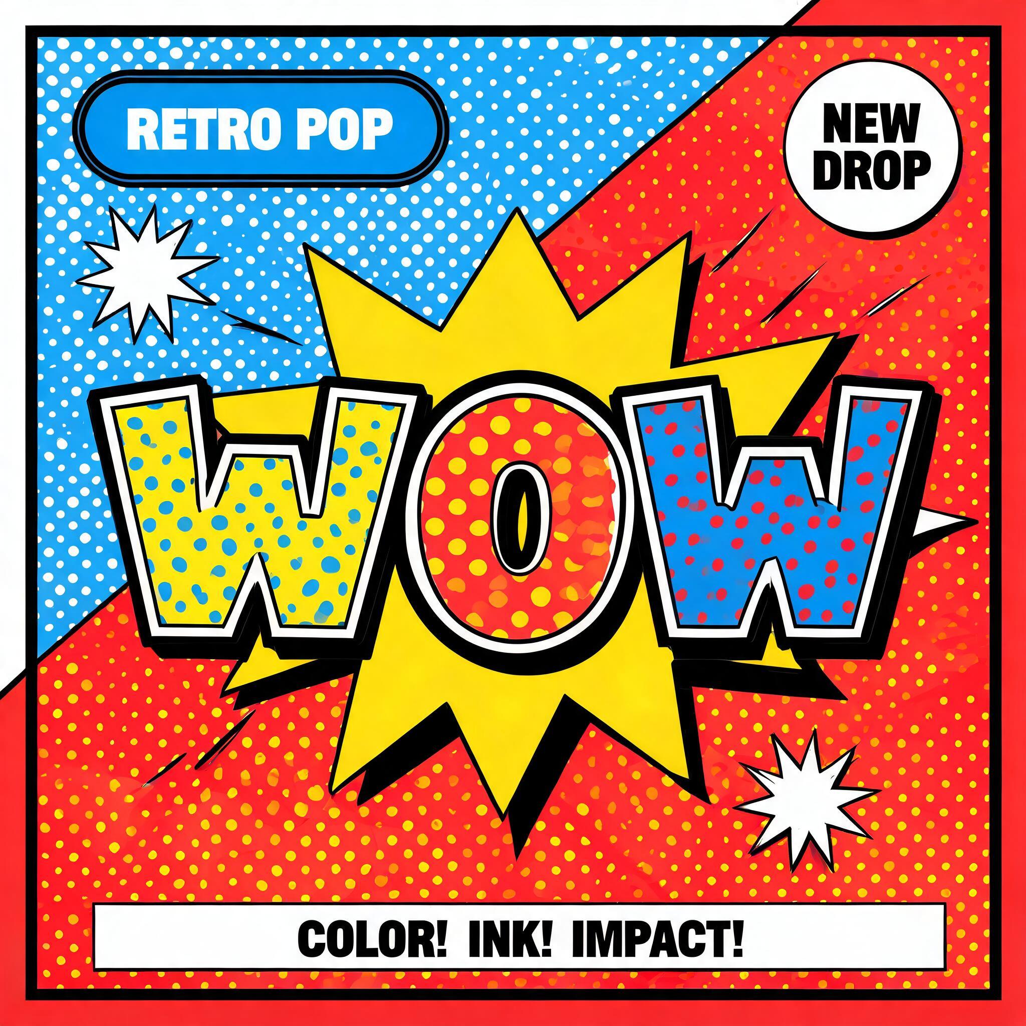 "WOW
RETRO POP
NEW DROP
COLOR! INK! IMPACT!" — Pop Art | AI Text Effect Generator
