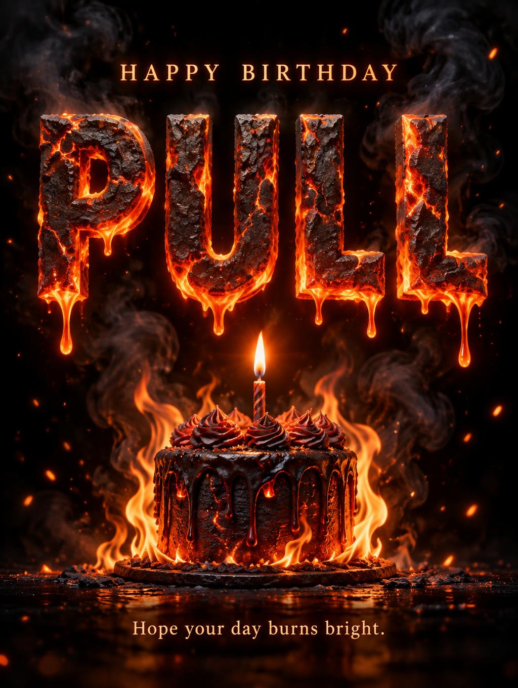 "PULL
HAPPY BIRTHDAY
Hope your day burns bright." — Fire Smoke | AI Text Effect Generator