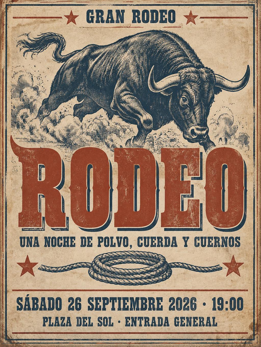 "RODEO
GRAN RODEO
UNA NOCHE DE POLVO, CUERDA Y CUERNOS
SÁBADO 26 SEPTIEMBRE 2026 · 19:00
PLAZA DEL SOL · ENTRADA GENERAL" — Vintage | AI Text Effect Generator