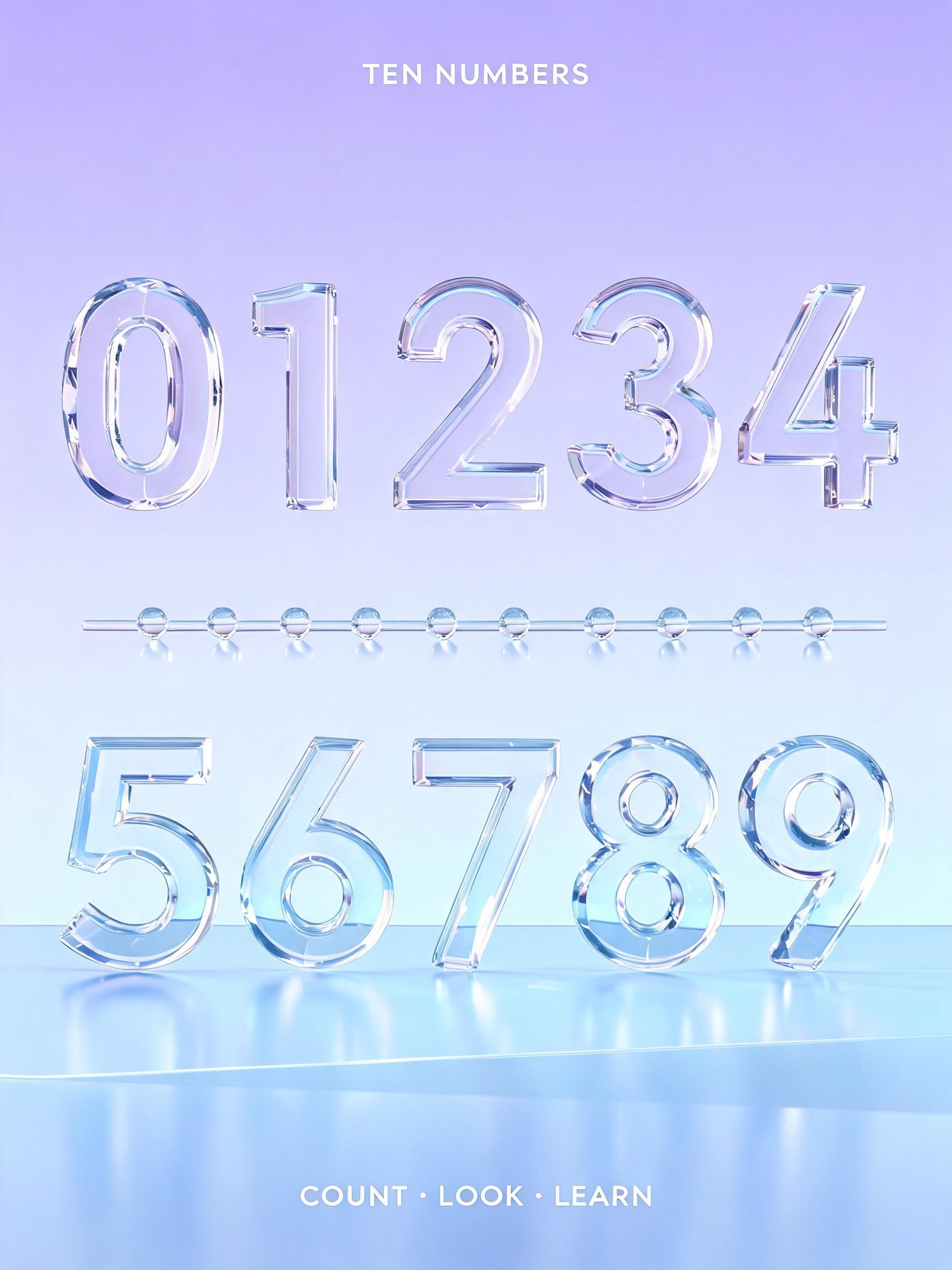 "0 1 2 3 4
5 6 7 8 9
TEN NUMBERS
COUNT · LOOK · LEARN" — Glass | AI Text Effect Generator