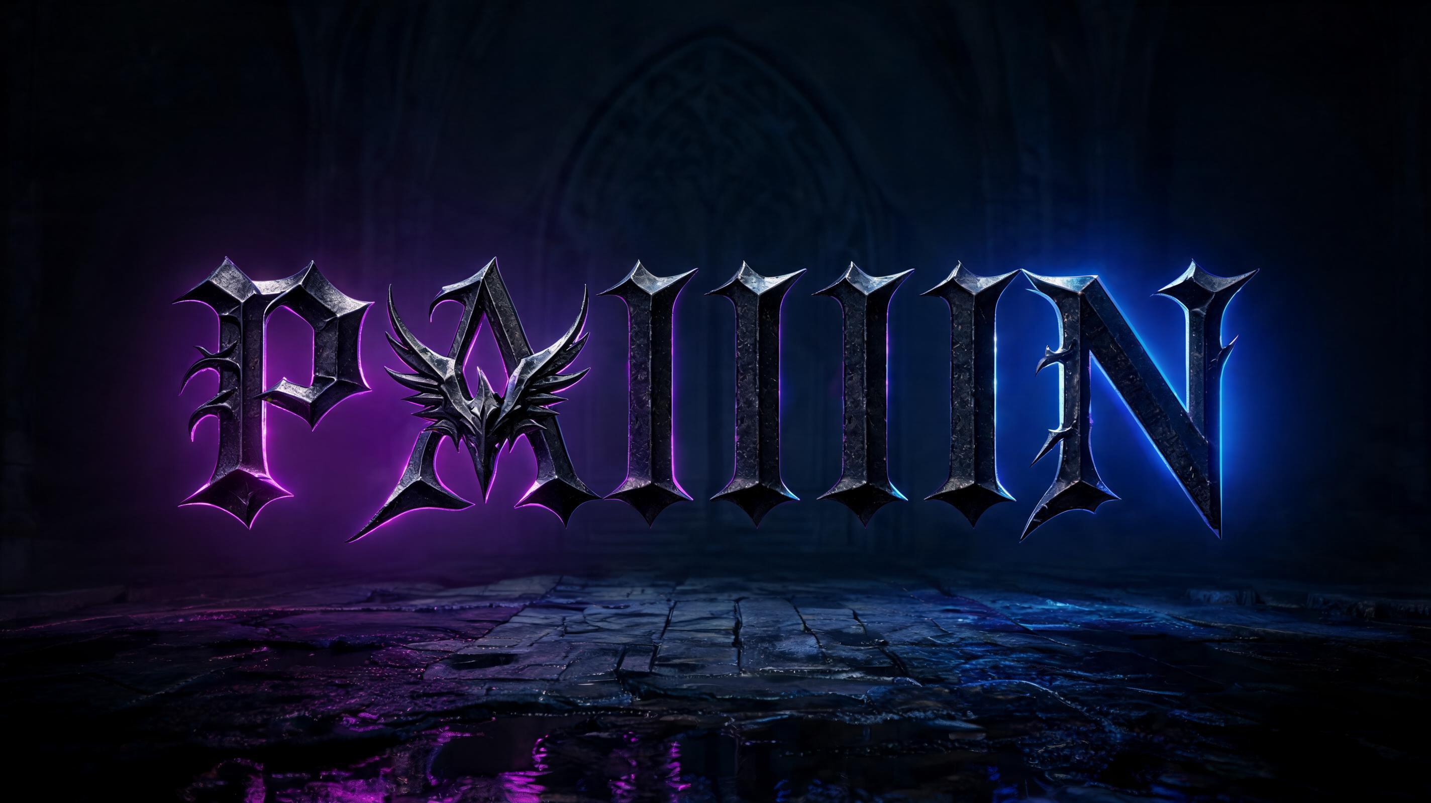 "CreateMake my name PAIIIIIN into a heavy metal gothic style lettering make the A in PAIIIIIN into the bird v logo from devil may cry 5 . make the letter pitch-black with purple and blue neon lights blending i" — gothic font text effect