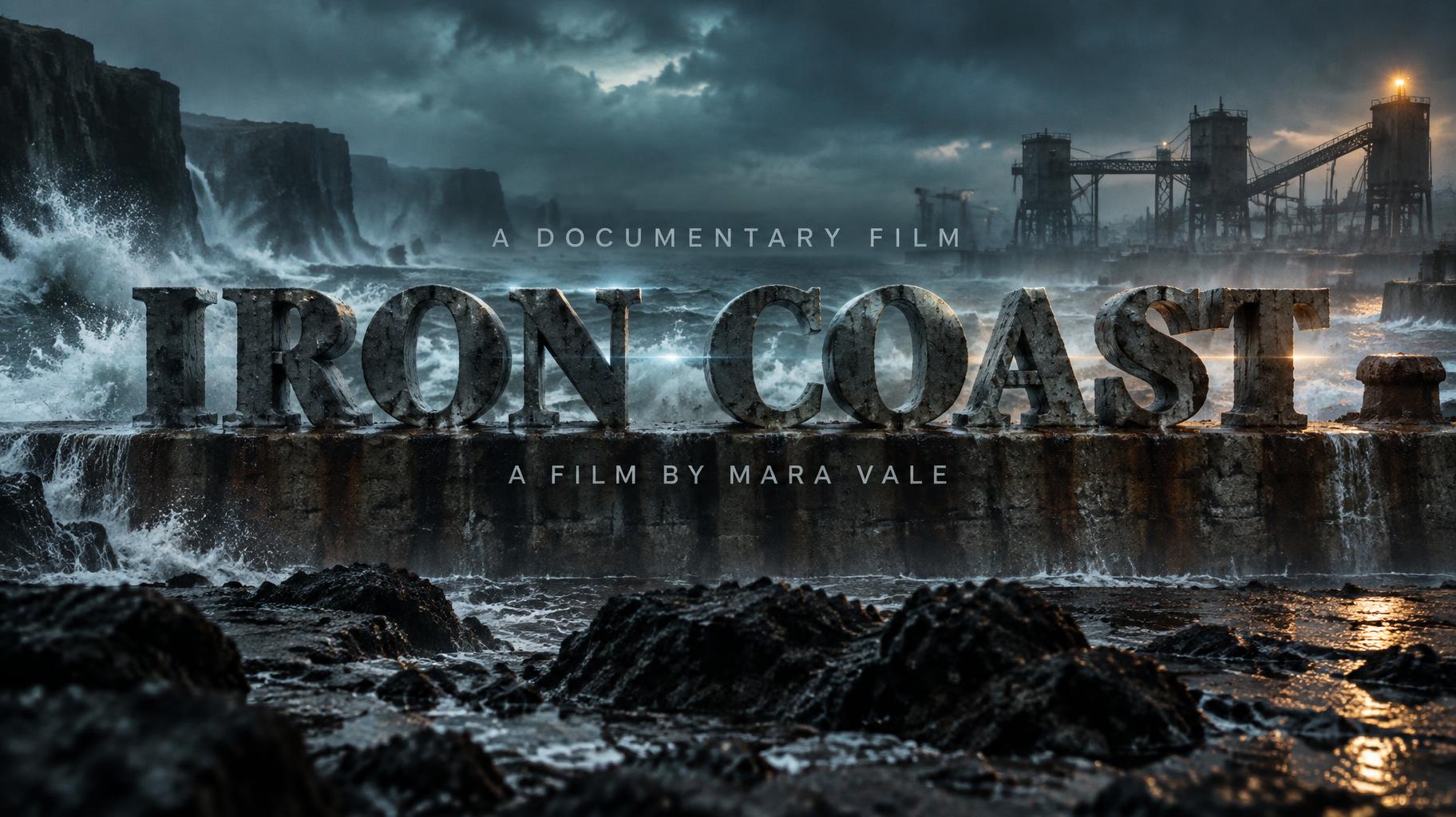 "IRON COAST
A DOCUMENTARY FILM
A FILM BY MARA VALE" — Cinematic Netflix | AI Text Effect Generator
