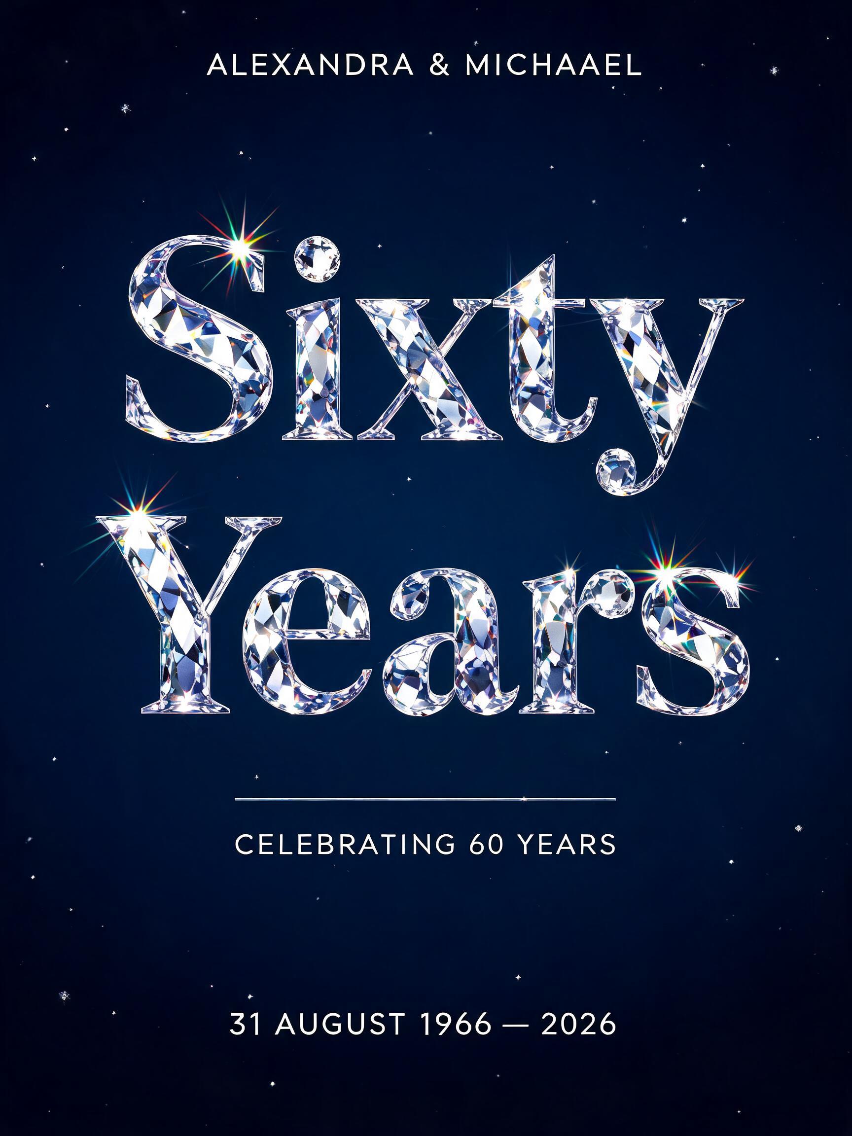"Sixty
Years
ALEXANDRA & MICHAEL
CELEBRATING 60 YEARS
31 AUGUST 1966 — 2026" — Glass Crystal text effect