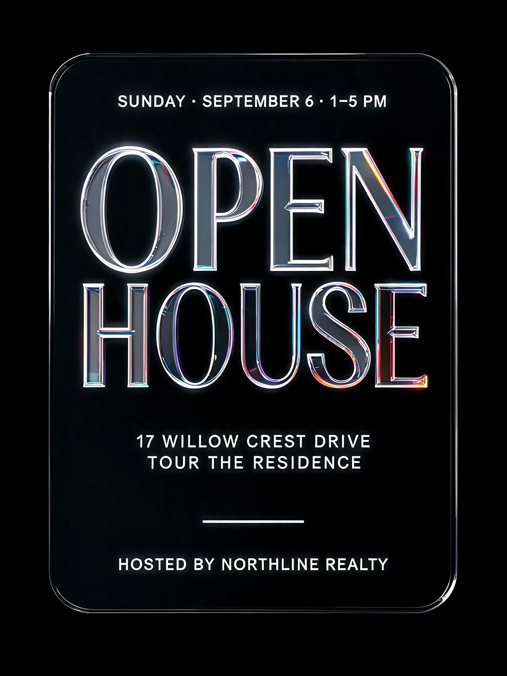 "OPEN
HOUSE
SUNDAY · SEPTEMBER 6 · 1–5 PM
17 WILLOW CREST DRIVE
TOUR THE RESIDENCE
HOSTED BY NORTHLINE REALTY" — Glass Morphism | AI Text Effect Generator