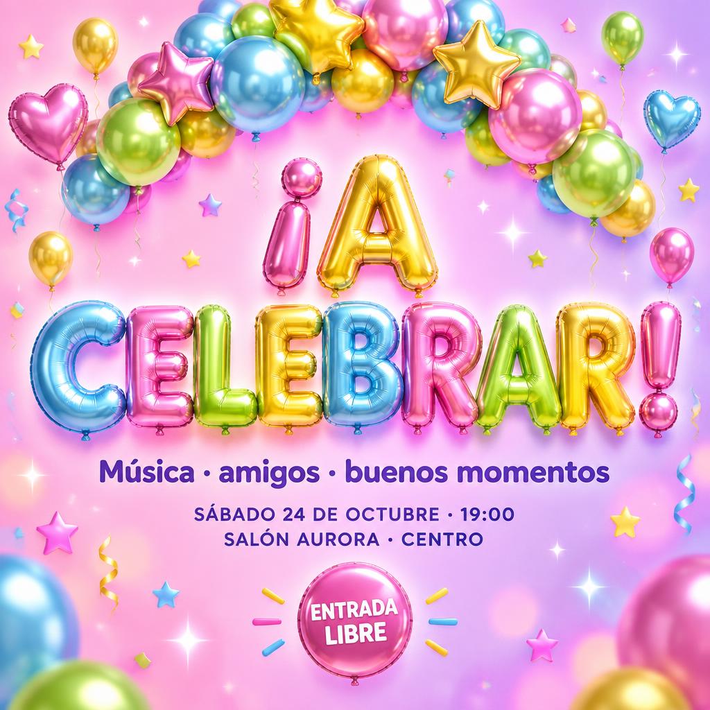"¡A CELEBRAR!
Música · amigos · buenos momentos
SÁBADO 24 DE OCTUBRE · 19:00
SALÓN AURORA · CENTRO
ENTRADA LIBRE" — Y2k Bubbly | AI Text Effect Generator