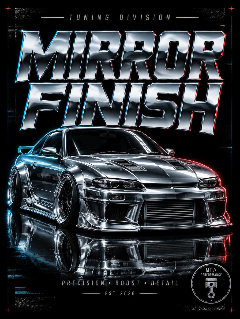 "MIRROR FINISH
TUNING DIVISION
PRECISION • BOOST • DETAIL
EST. 2026
MF // PERFORMANCE" — Cyberpunk Chrome | AI Text Effect Generator