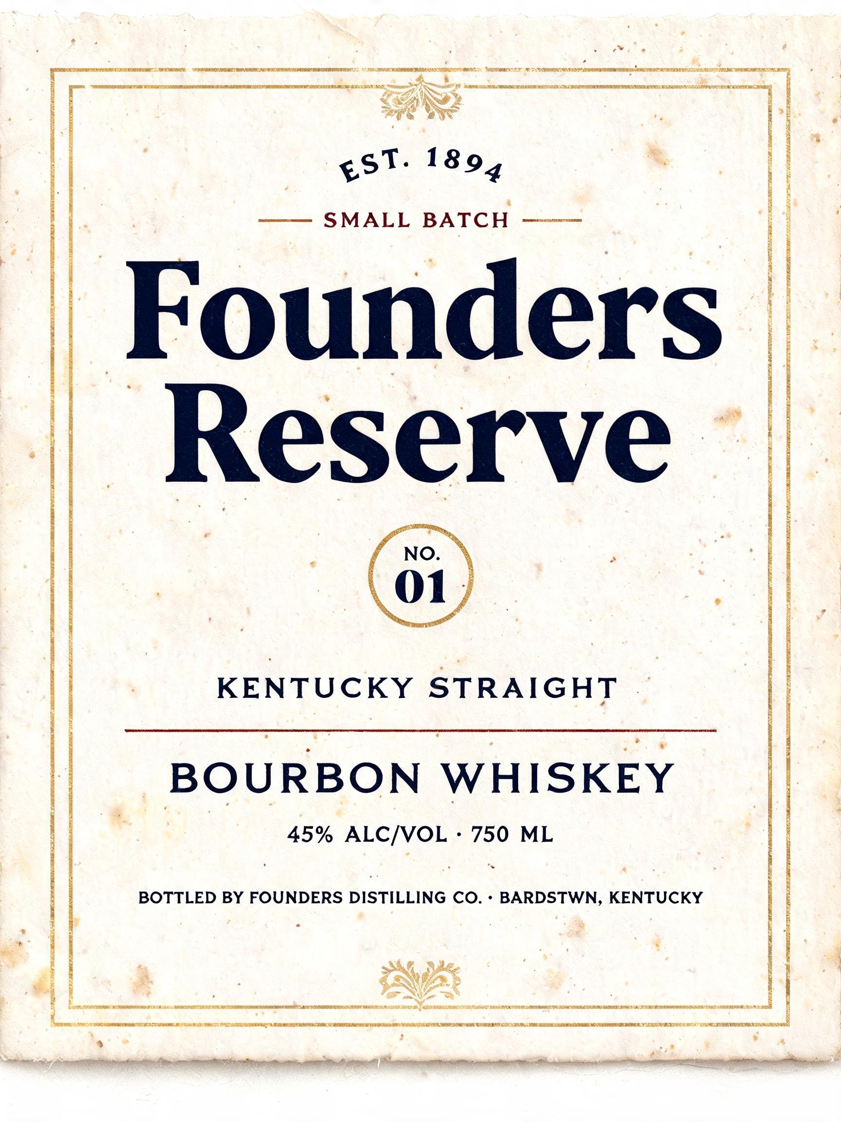 "Founders
Reserve
EST. 1894
SMALL BATCH
NO. 01
KENTUCKY STRAIGHT
BOURBON WHISKEY
45% ALC/VOL · 750 ML
BOTTLED BY FOUNDERS DISTILLING CO. · BARDSTOWN, KENTUCKY" — Vintage text effect
