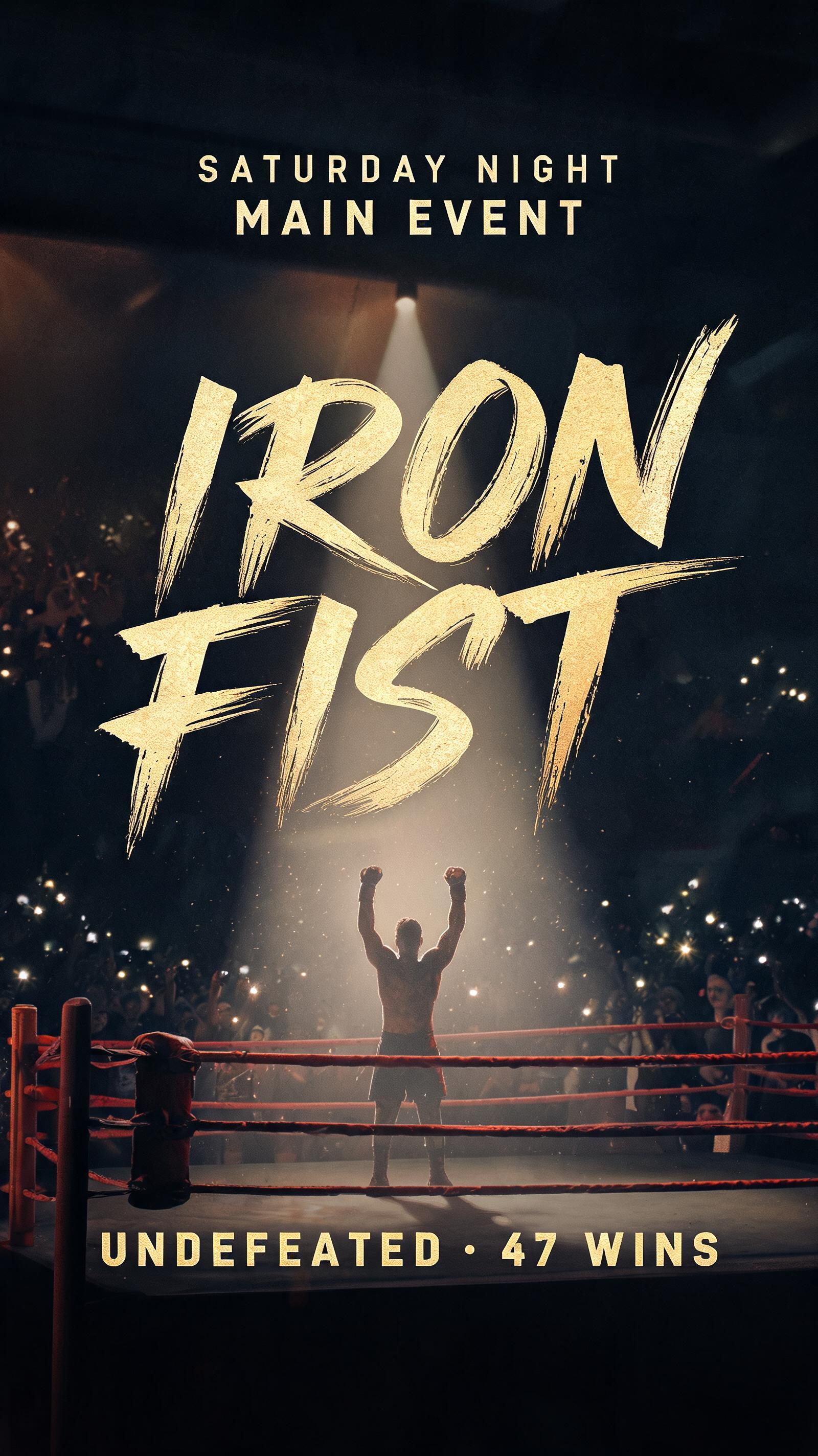 "IRON FIST
UNDEFEATED · 47 WINS
SATURDAY NIGHT MAIN EVENT" — Cinematic | AI Text Effect Generator