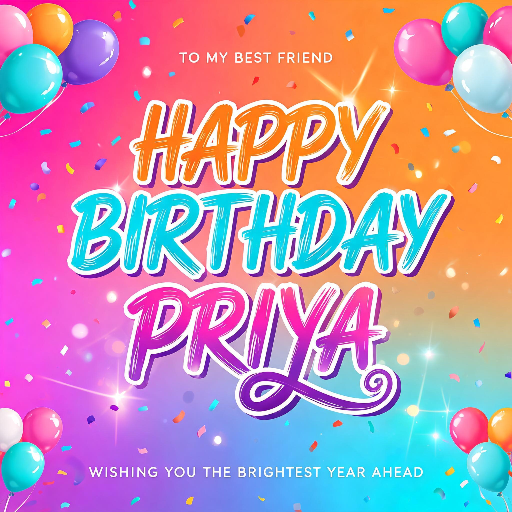 "HAPPY
BIRTHDAY
PRIYA
TO MY BEST FRIEND
WISHING YOU THE BRIGHTEST YEAR AHEAD" — birthday text effect