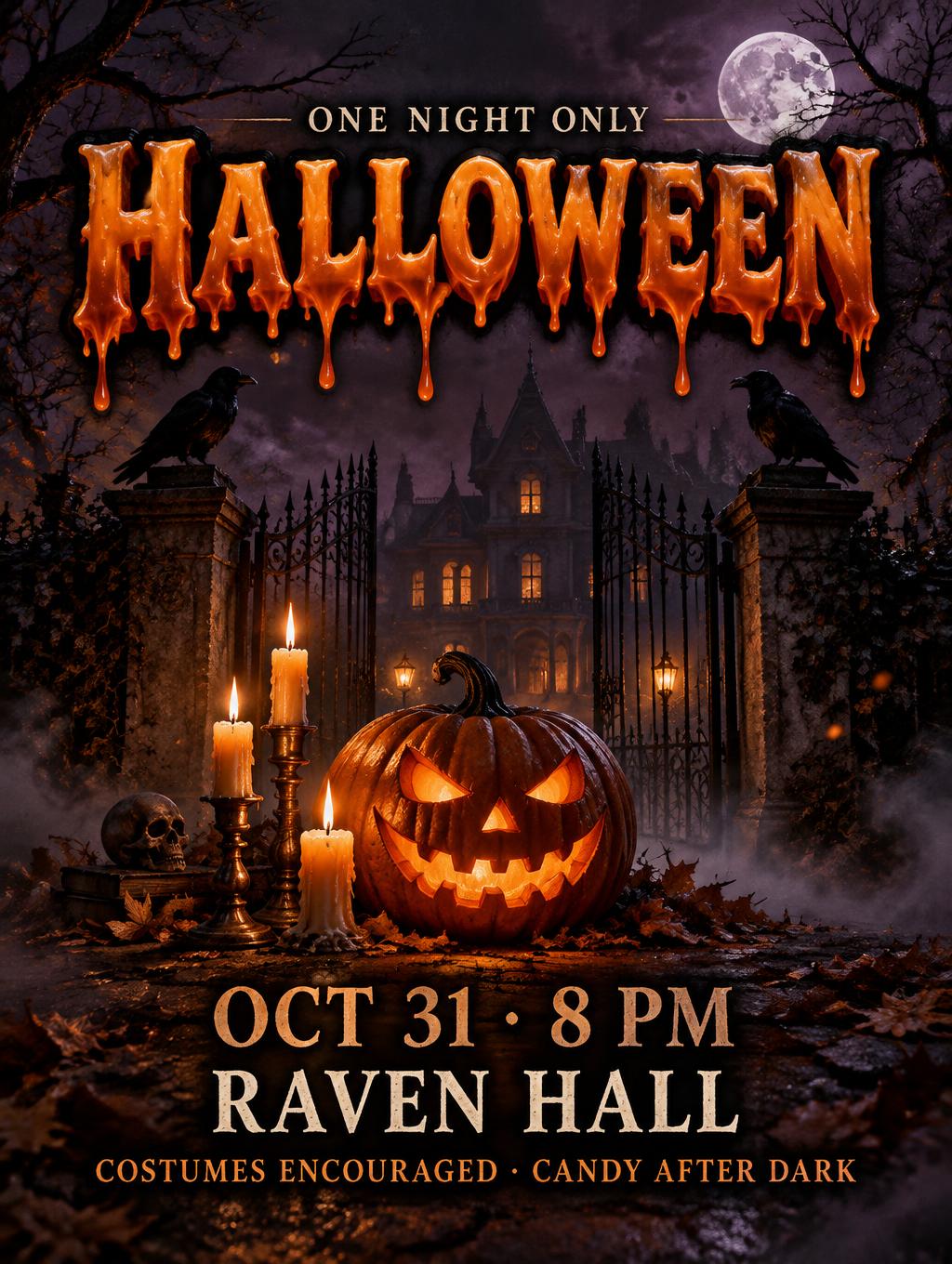 "HALLOWEEN
ONE NIGHT ONLY
OCT 31 · 8 PM
RAVEN HALL
COSTUMES ENCOURAGED · CANDY AFTER DARK" — Violet Manor Night | AI Text Effect Generator
