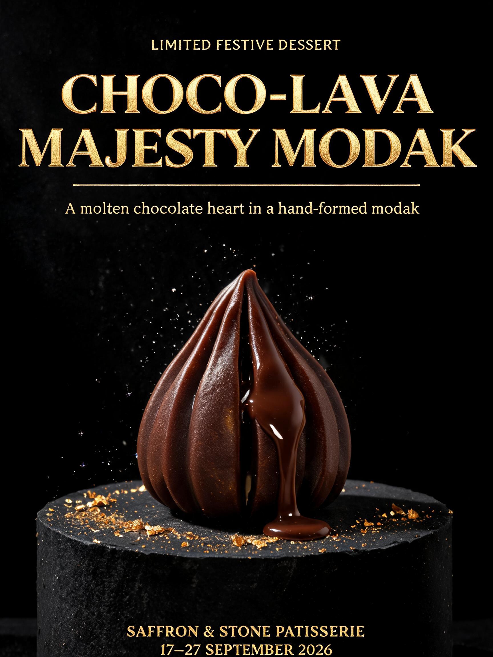 "CHOCO-LAVA
MAJESTY MODAK
LIMITED FESTIVE DESSERT
A molten chocolate heart in a hand-formed modak
SAFFRON & STONE PATISSERIE
17–27 SEPTEMBER 2026" — Luxury Gold | AI Text Effect Generator