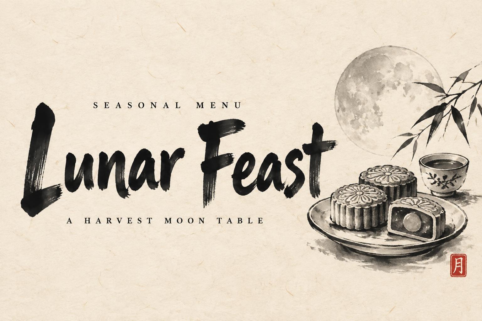 "Lunar Feast
SEASONAL MENU
A HARVEST MOON TABLE" — Brush Chinese Ink | AI Text Effect Generator