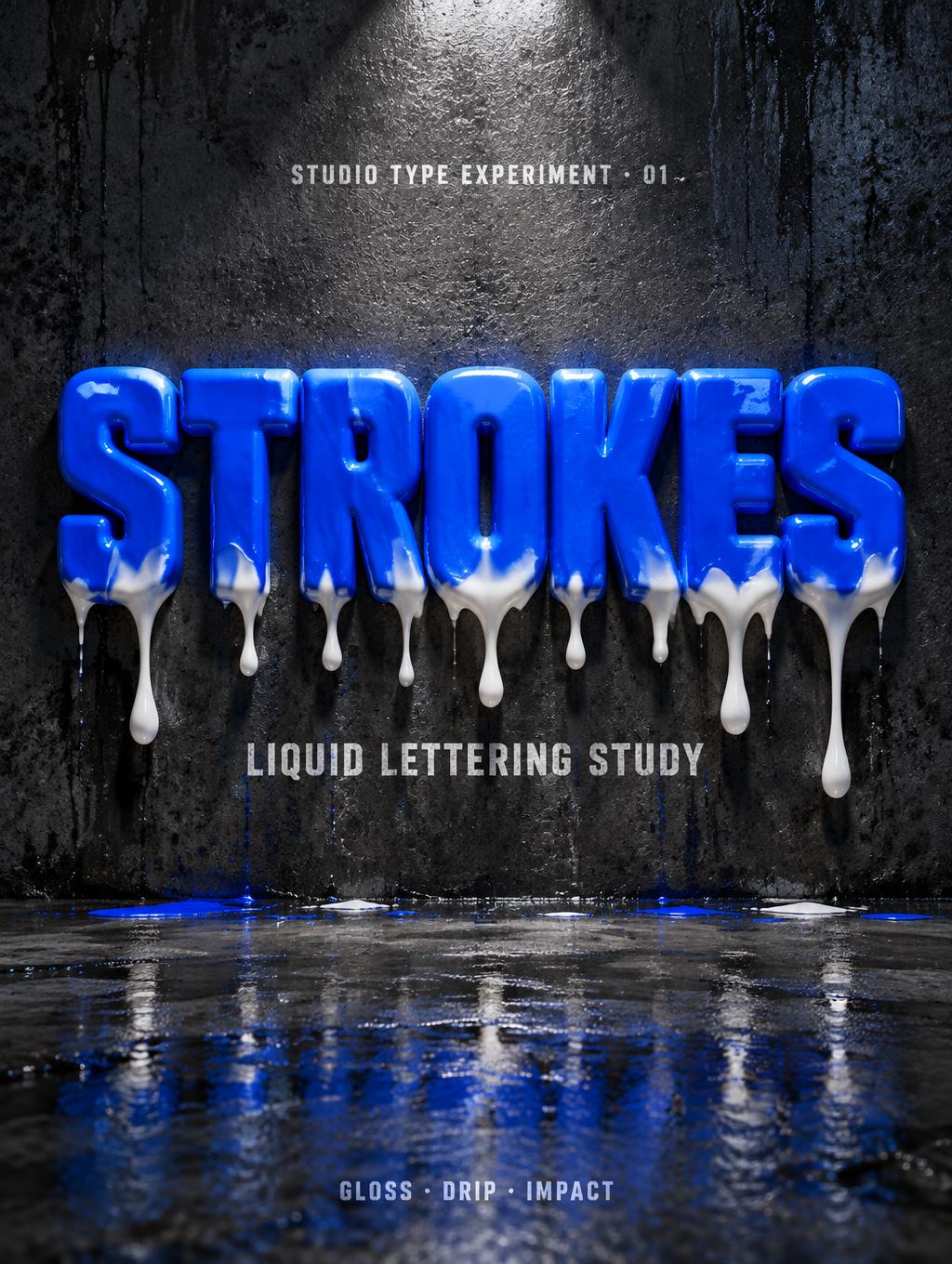 "STROKES
STUDIO TYPE EXPERIMENT · 01
LIQUID LETTERING STUDY
GLOSS · DRIP · IMPACT" — Drip Font | AI Text Effect Generator