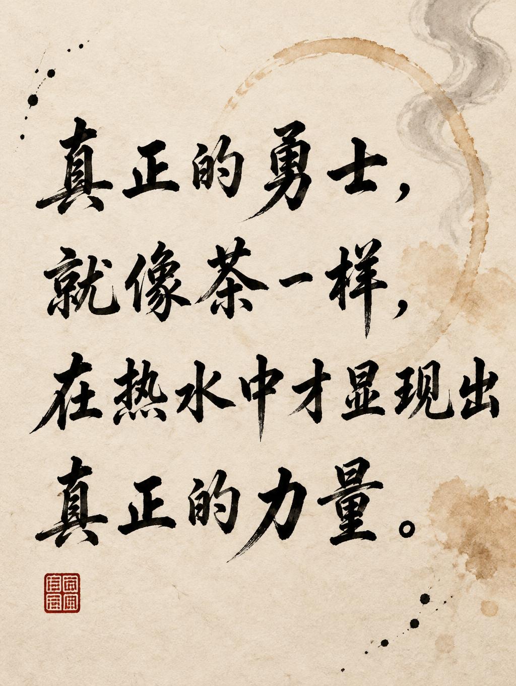 "真正的勇士，就像茶一样，在热水中才显现出真正的力量。" — Brush Japanese Ink | AI Text Effect Generator