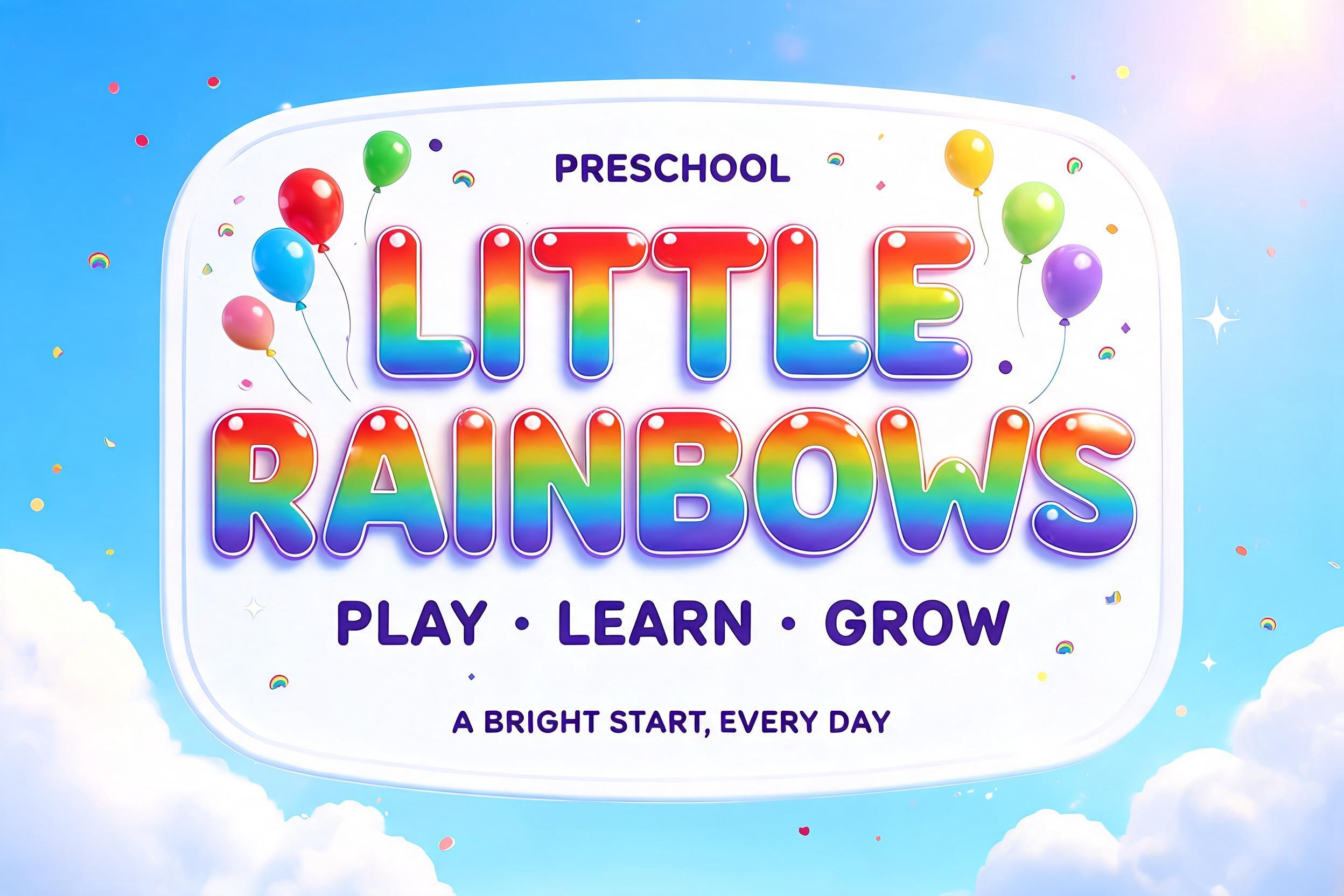 "LITTLE RAINBOWS
PRESCHOOL
PLAY · LEARN · GROW
A BRIGHT START, EVERY DAY" — Rainbow | AI Text Effect Generator