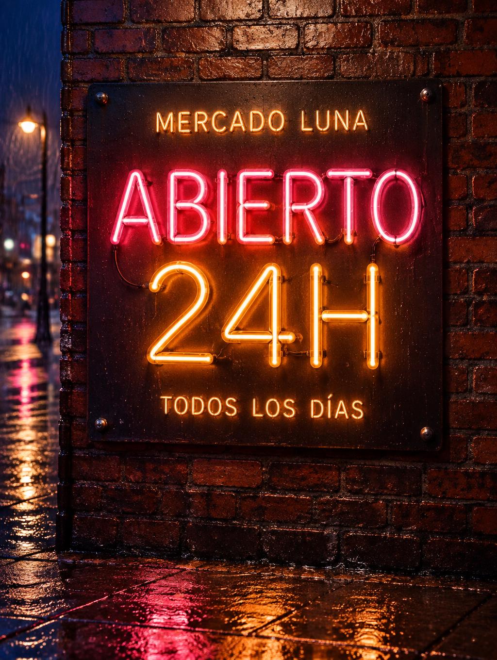 "ABIERTO
24H
MERCADO LUNA
TODOS LOS DÍAS" — Neon Sign | AI Text Effect Generator