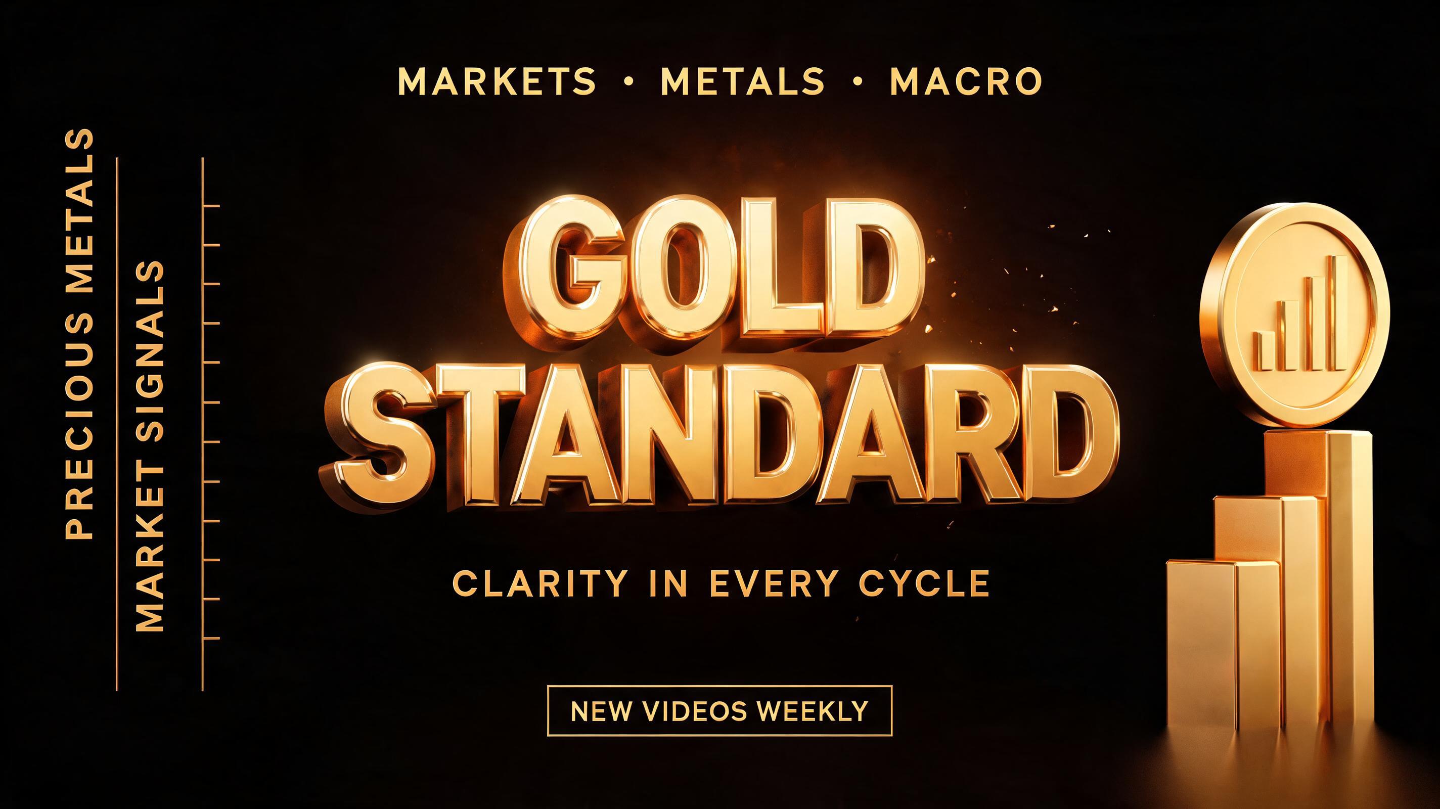 "GOLD STANDARD
MARKETS • METALS • MACRO
CLARITY IN EVERY CYCLE
NEW VIDEOS WEEKLY
PRECIOUS METALS
MARKET SIGNALS" — 3d Bold Gold | AI Text Effect Generator