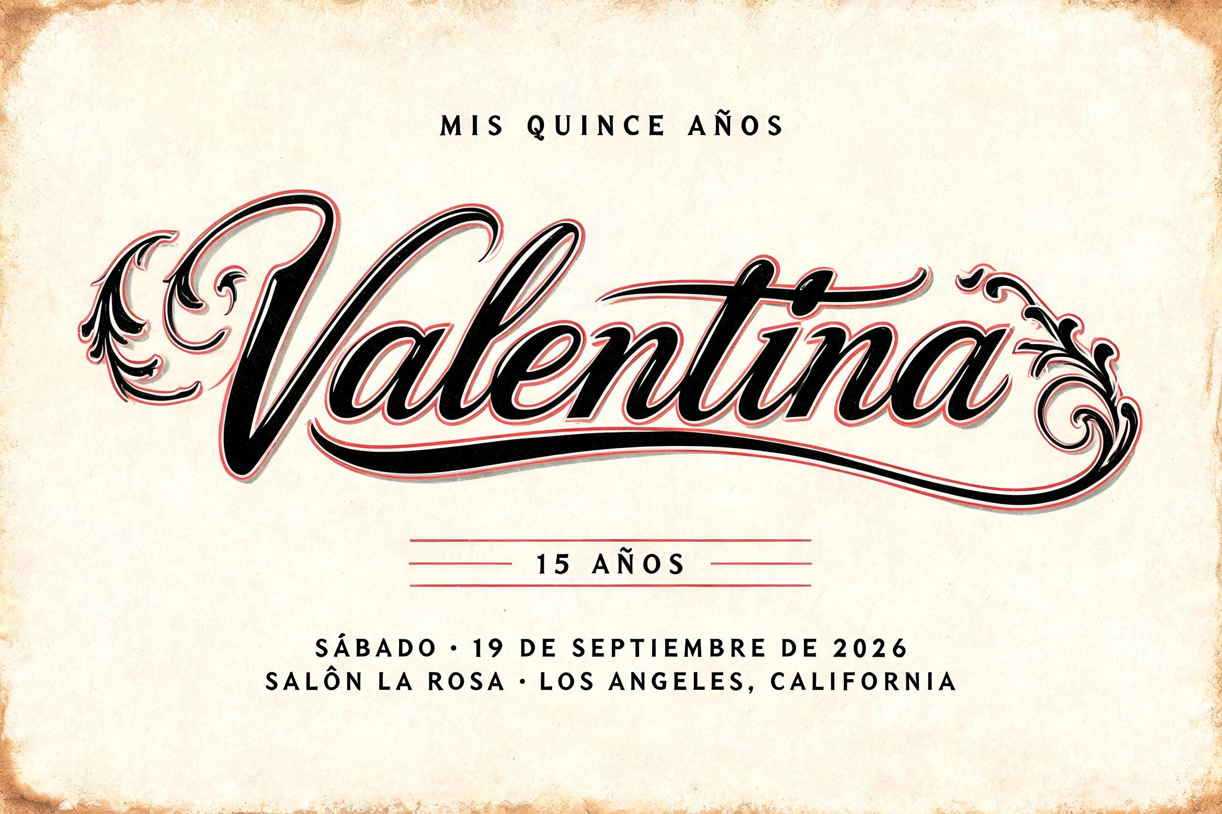 "Valentina
MIS QUINCE AÑOS
15 AÑOS
SÁBADO · 19 DE SEPTIEMBRE DE 2026
SALÓN LA ROSA · LOS ANGELES, CALIFORNIA" — Chicano text effect