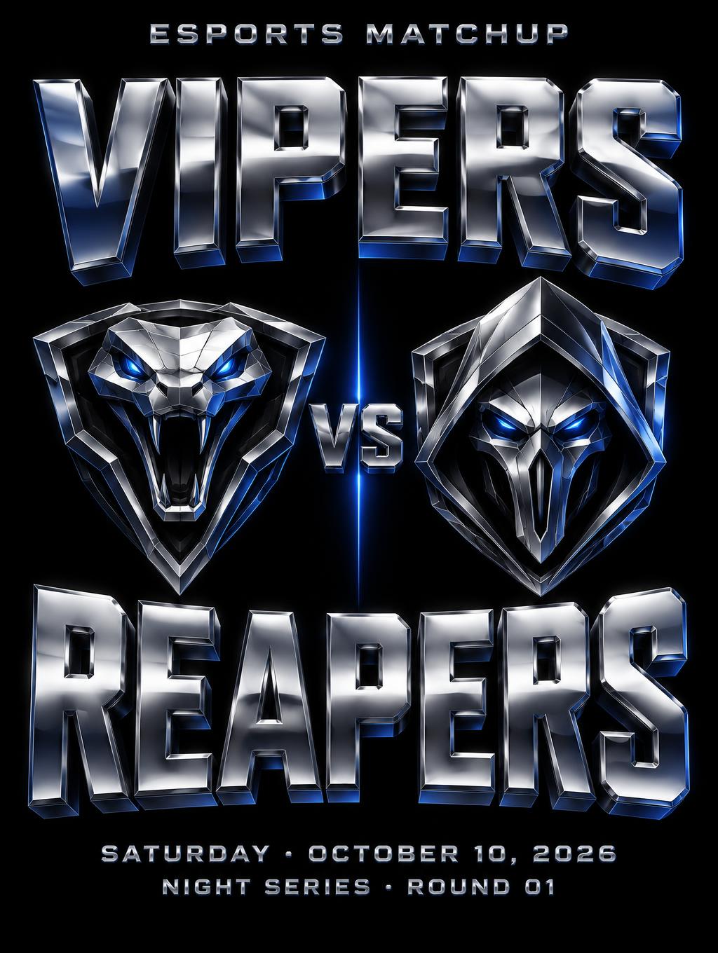 "VIPERS
REAPERS
VS
ESPORTS MATCHUP
SATURDAY · OCTOBER 10, 2026
NIGHT SERIES · ROUND 01" — Chrome Metal 3d | AI Text Effect Generator