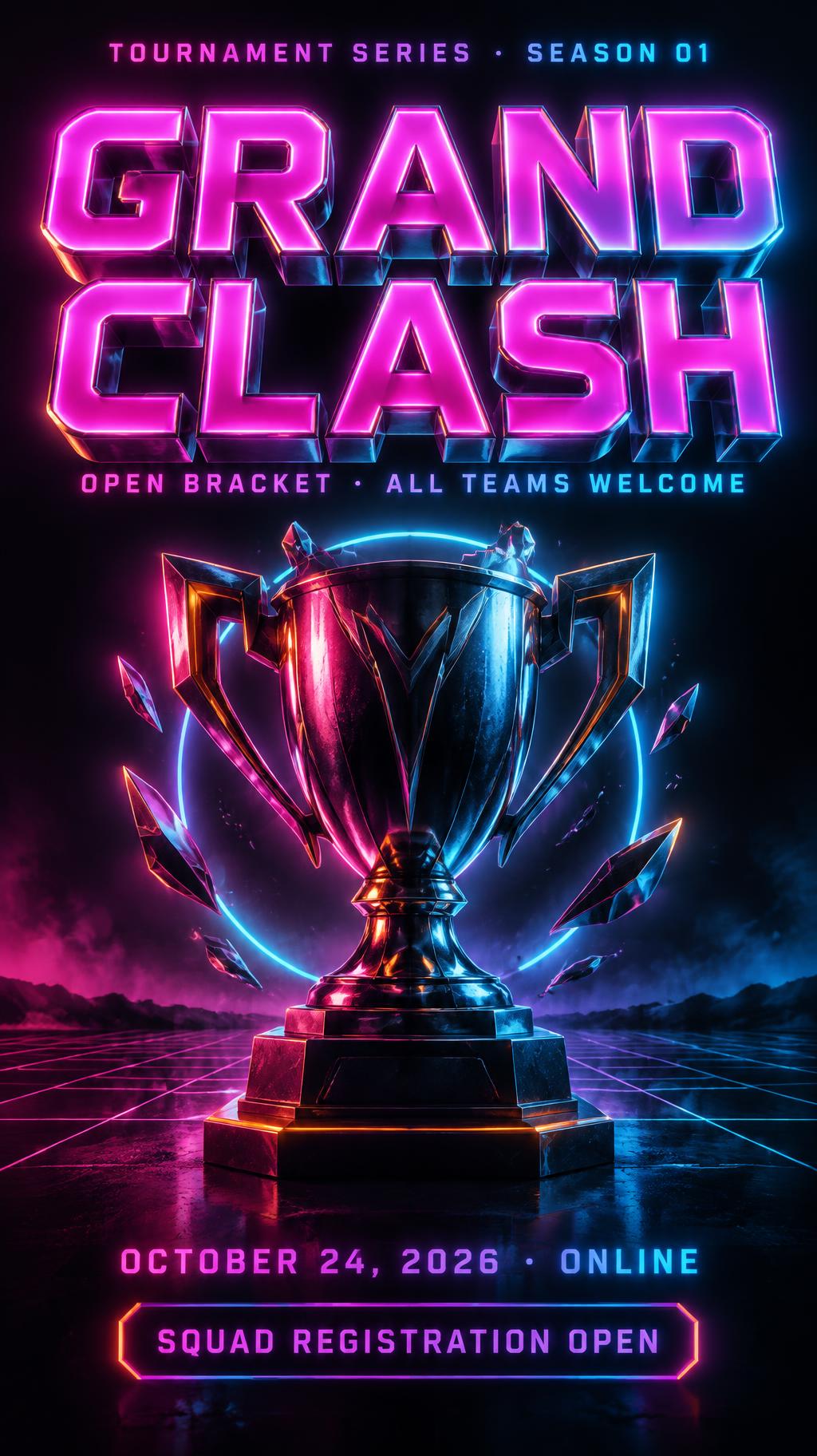 "Grand Clash
OPEN BRACKET · ALL TEAMS WELCOME
OCTOBER 24, 2026 · ONLINE
SQUAD REGISTRATION OPEN
TOURNAMENT SERIES · SEASON 01" — 3d Bold Neon text effect