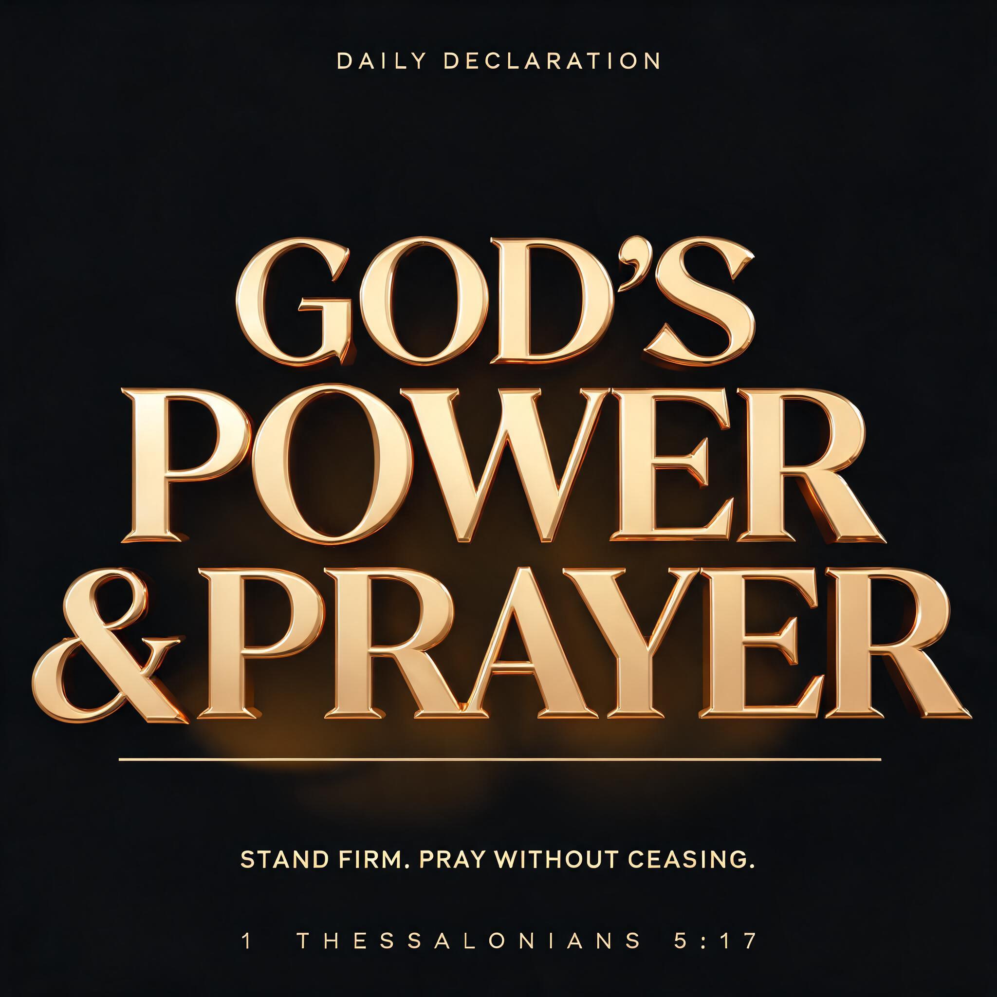"GOD'S
POWER
& PRAYER
DAILY DECLARATION
STAND FIRM. PRAY WITHOUT CEASING.
1 THESSALONIANS 5:17" — 3d bold gold text effect