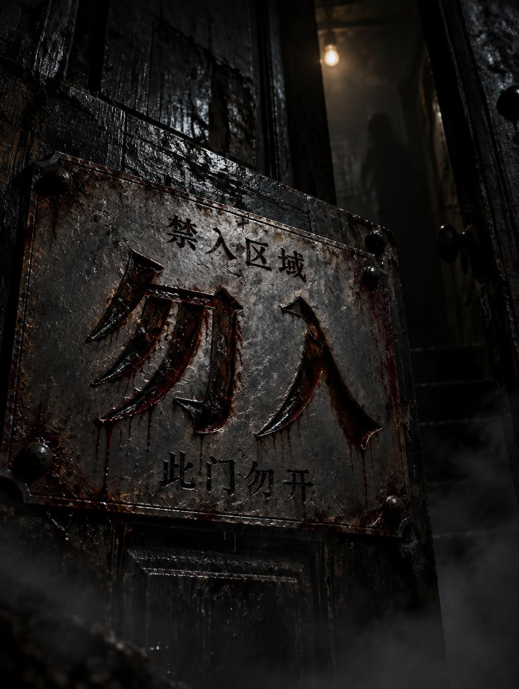 "勿入
禁入区域
此门勿开" — Cinematic Horror | AI Text Effect Generator