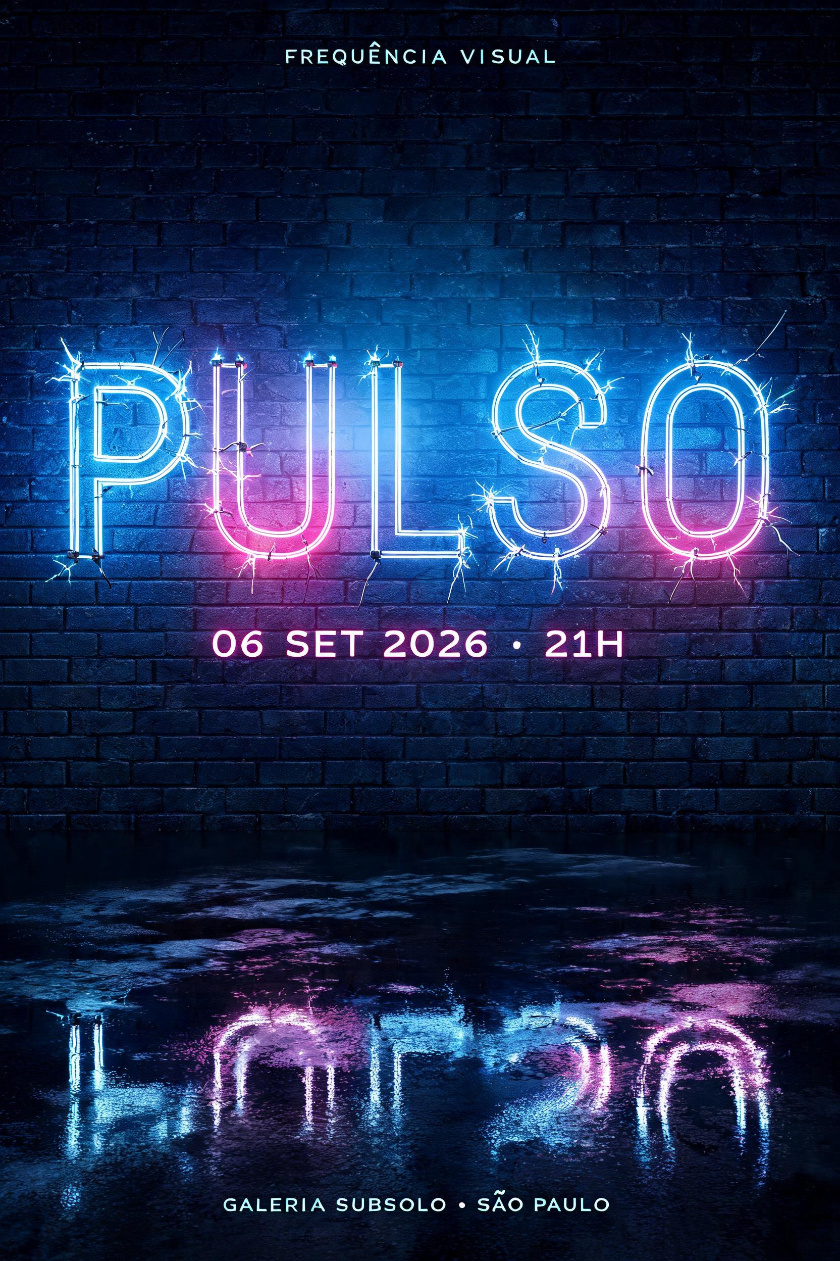 "PULSO
FREQUÊNCIA VISUAL
06 SET 2026 · 21H
GALERIA SUBSOLO · SÃO PAULO" — Neon Glow | AI Text Effect Generator