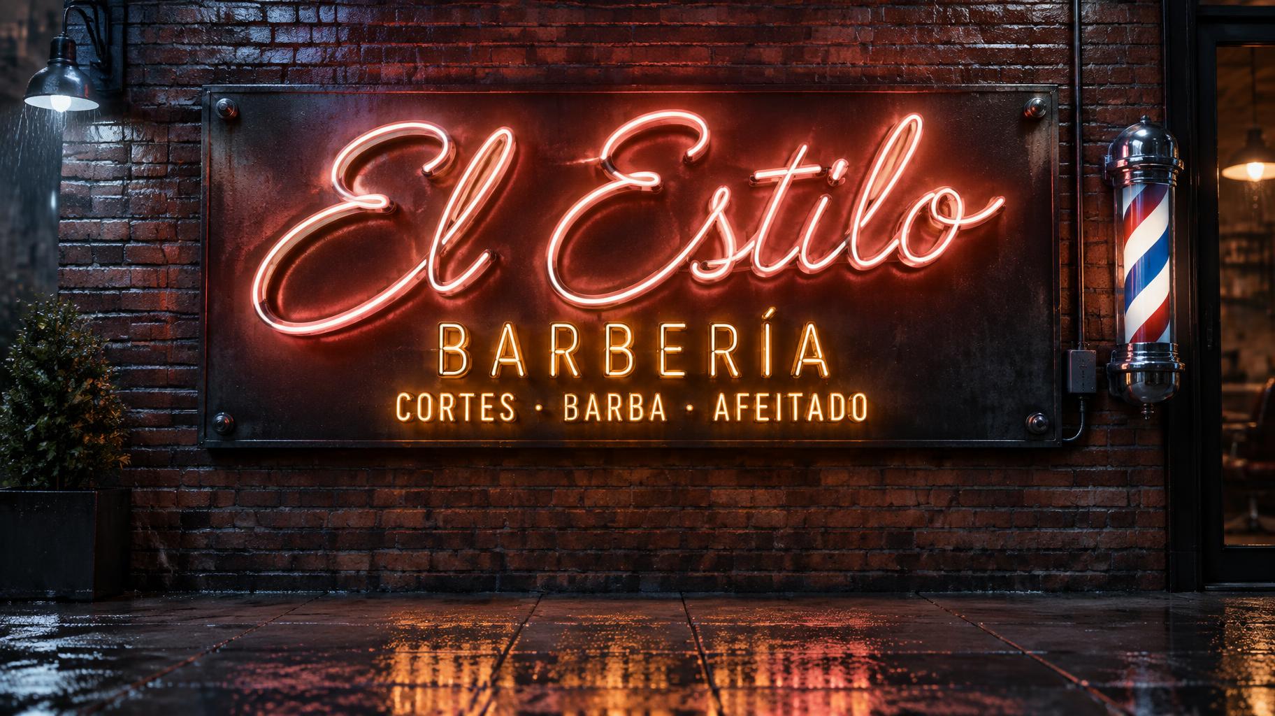 "El Estilo
BARBERÍA
CORTES · BARBA · AFEITADO" — neon sign text effect