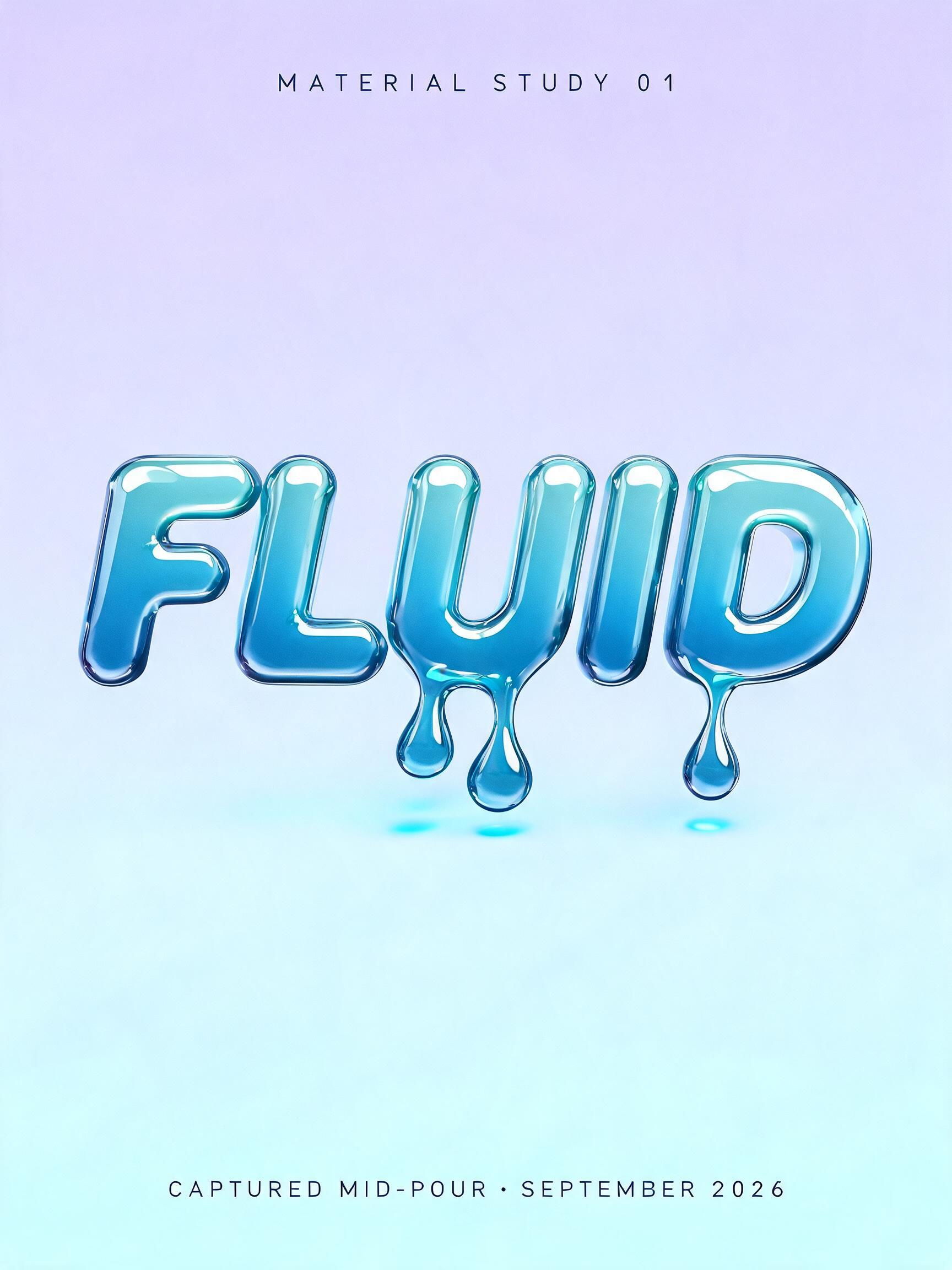 "FLUID
MATERIAL STUDY 01
CAPTURED MID-POUR · SEPTEMBER 2026" — Glass Liquid | AI Text Effect Generator