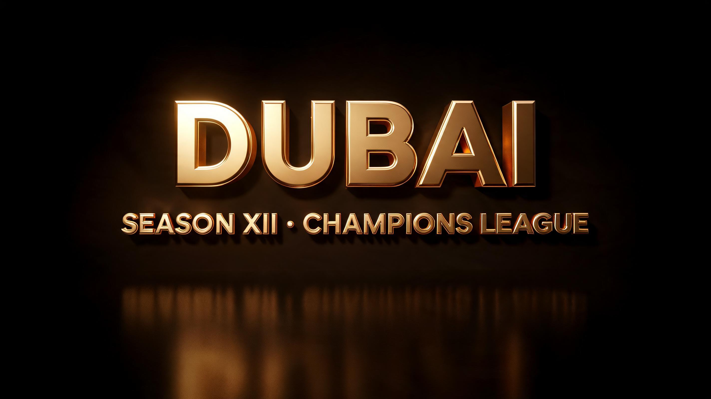 "DUBAI 
SEASON XII · CHAMPIONS LEAGUE" — 3d Bold Gold | AI Text Effect Generator
