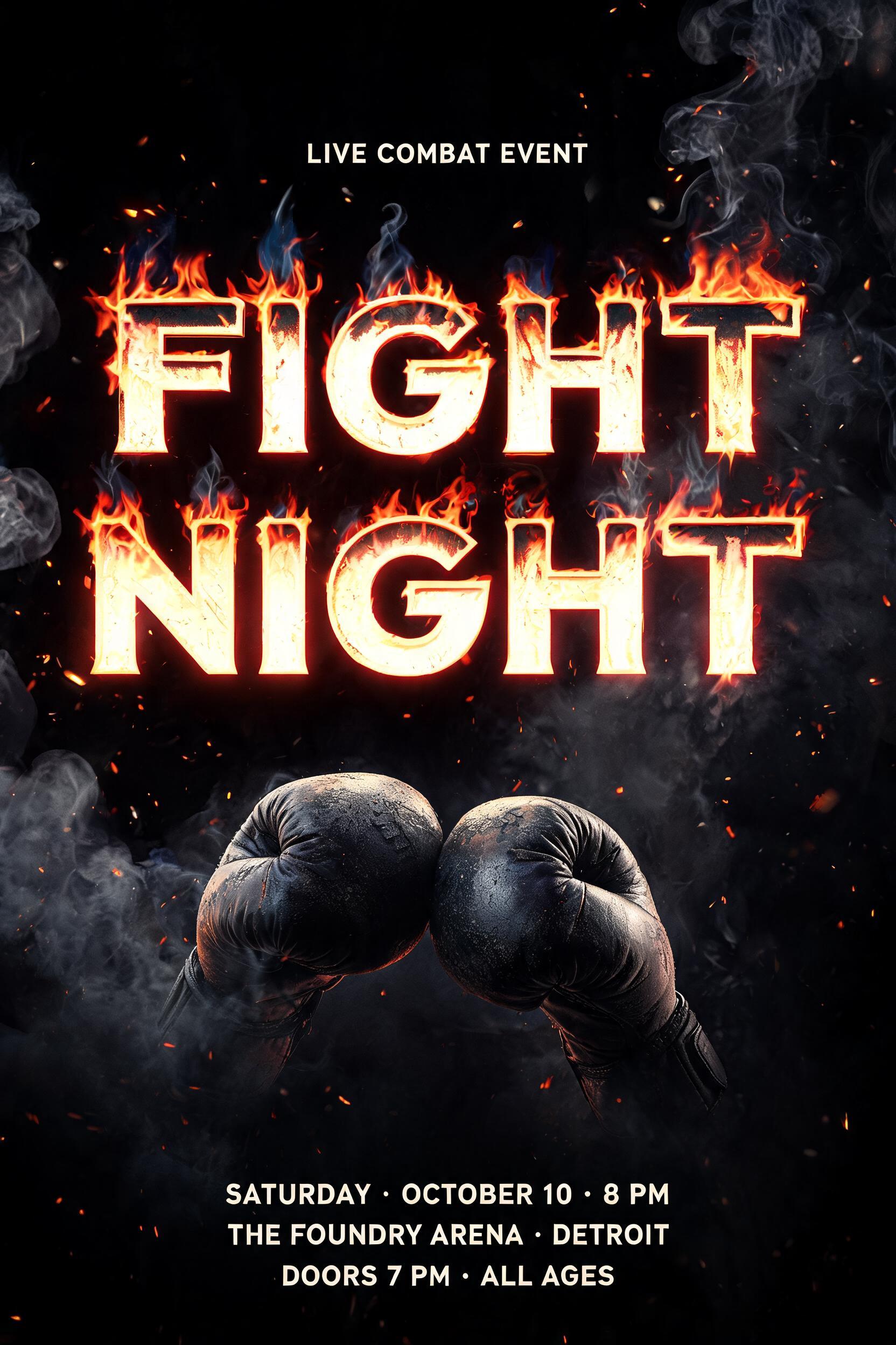 FIGHT
NIGHT
LIVE COMBAT EVENT
SATURDAY · OCTOBER 10 · 8 PM
THE FOUNDRY ARENA · DETROIT
DOORS 7 PM · ALL AGES