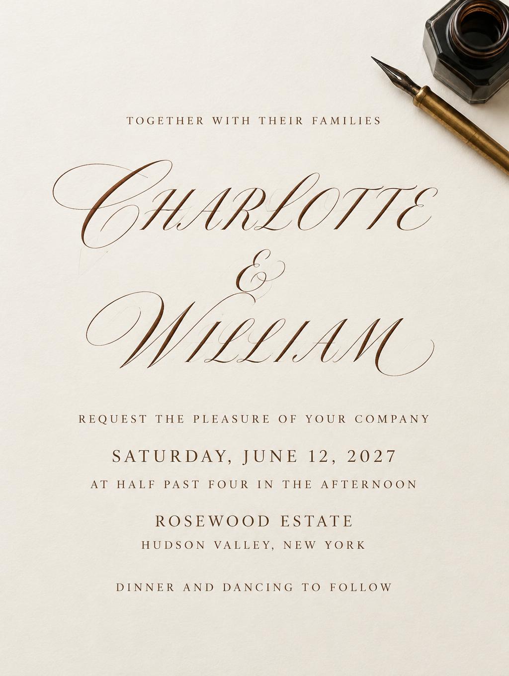 "TOGETHER WITH THEIR FAMILIES
CHARLOTTE & WILLIAM
REQUEST THE PLEASURE OF YOUR COMPANY
SATURDAY, JUNE 12, 2027
AT HALF PAST FOUR IN THE AFTERNOON
ROSEWOOD ESTATE
HUDSON VALLEY, NEW YORK
DINNER AND DANCING TO FOLLOW" — Cursive Calligraphy text effect