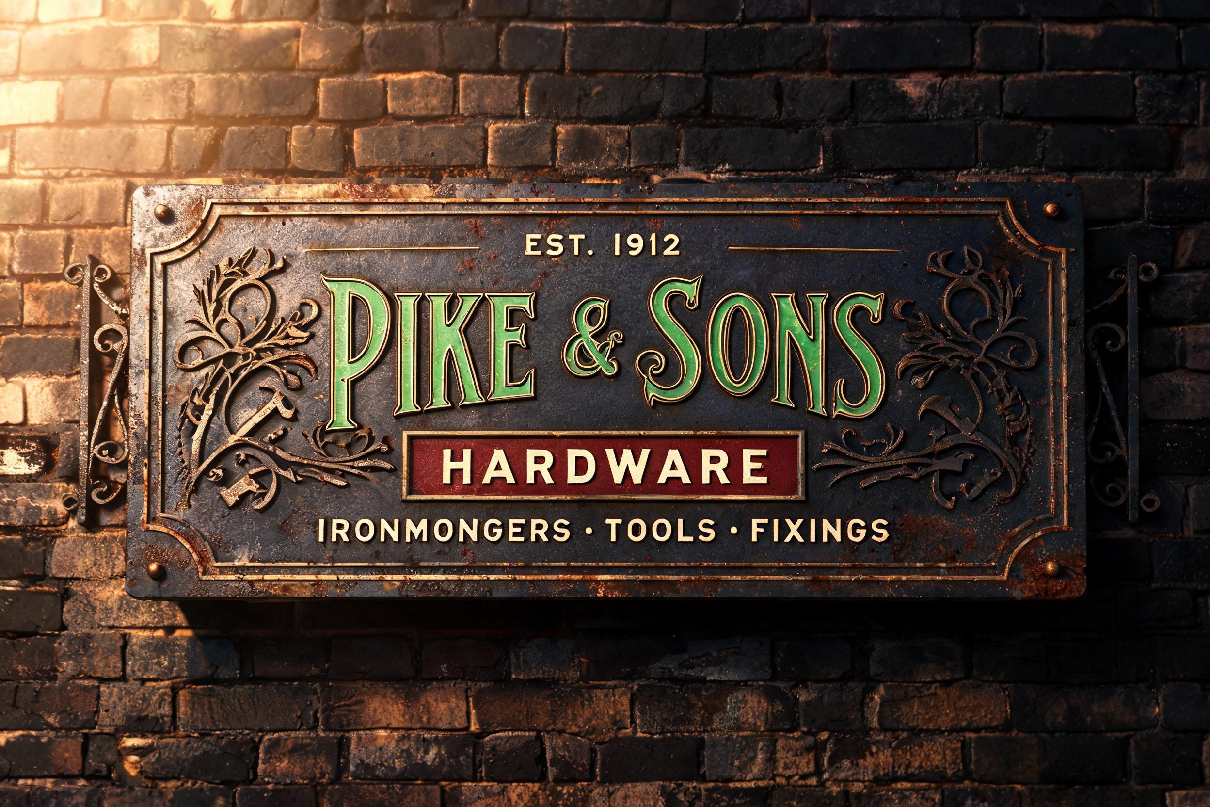 "I need an old shop sign for my ironmonger Pike & Sons Hardware" — Vintage | AI Text Effect Generator