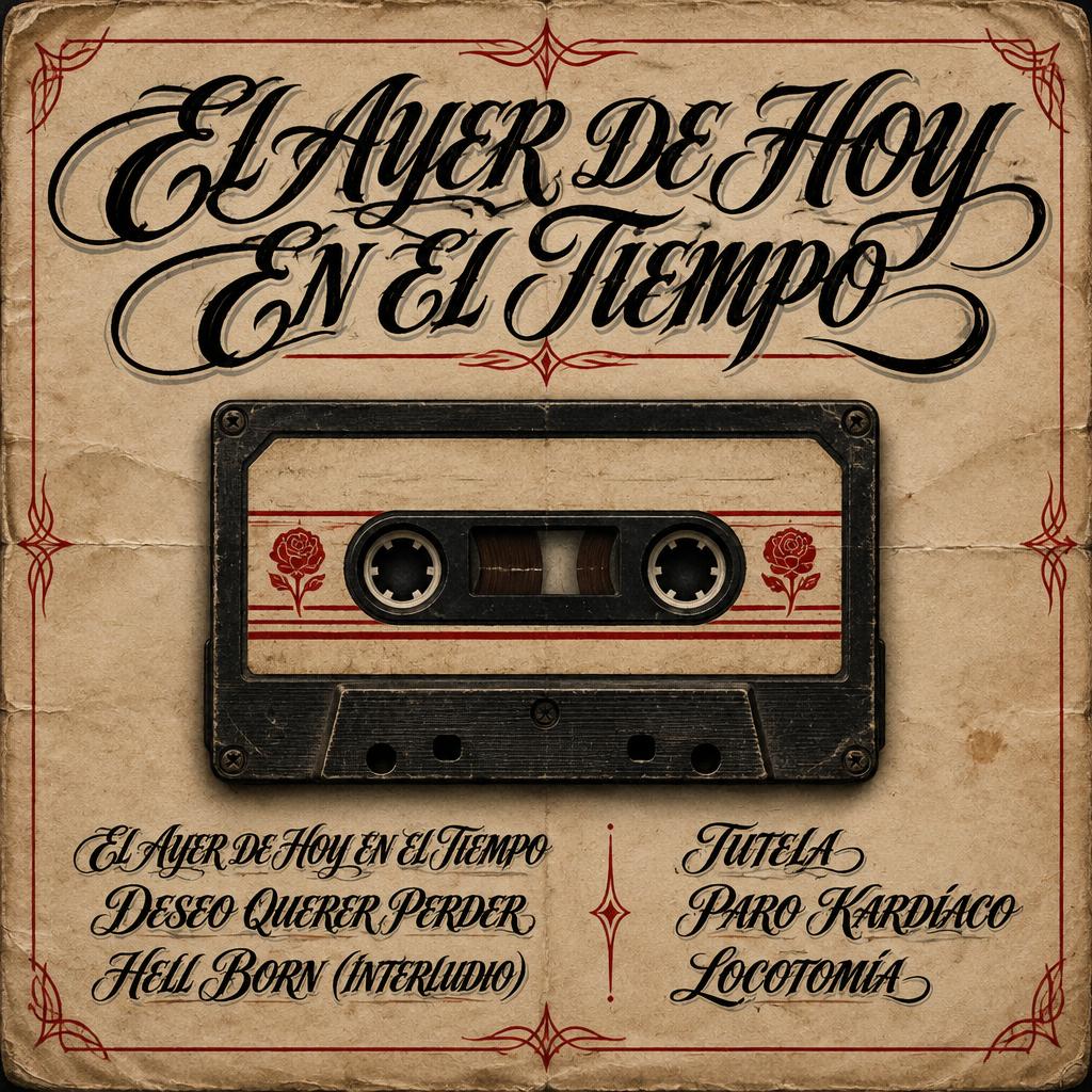 "EL AYER DE HOY EN EL TIEMPO
EL AYER DE HOY EN EL TIEMPO
DESEO QUERER PERDER
HELL BORN (INTERLUDIO)
TUTELA
PARO KARDÍACO
LOCOTOMÍA" — Chicano text effect