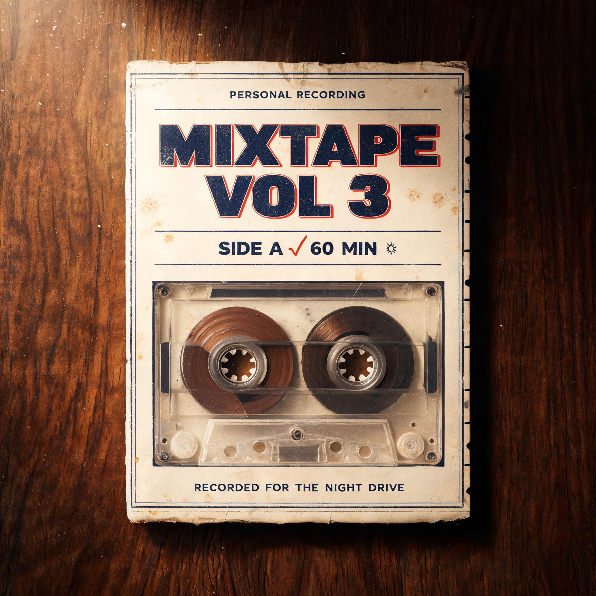 "MIXTAPE
VOL 3
PERSONAL RECORDING
SIDE A · 60 MIN
RECORDED FOR THE NIGHT DRIVE" — Vintage text effect