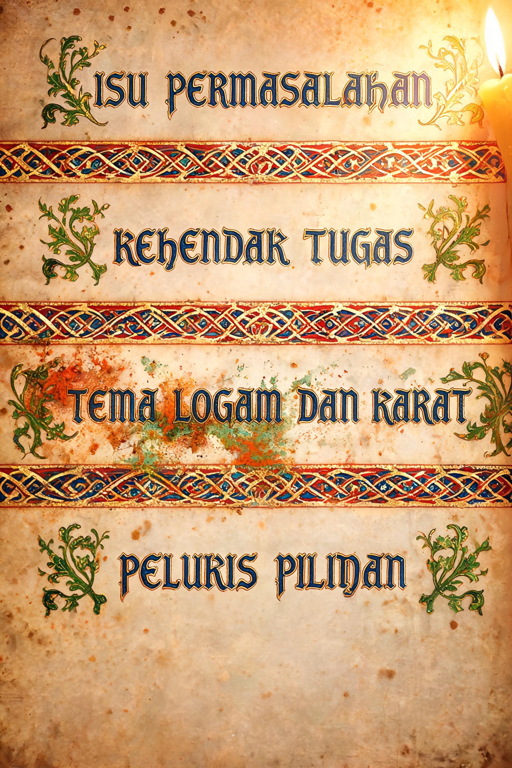 "ISU PERMASALAHAN

KEHENDAK TUGAS

TEMA LOGAM DAN KARAT

PELUKIS PILIHAN" — Medieval | AI Text Effect Generator