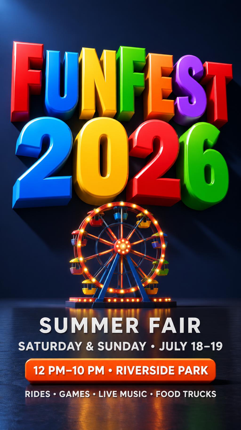 FUNFEST
2026
SUMMER FAIR
SATURDAY & SUNDAY • JULY 18–19
12 PM–10 PM • RIVERSIDE PARK
RIDES • GAMES • LIVE MUSIC • FOOD TRUCKS