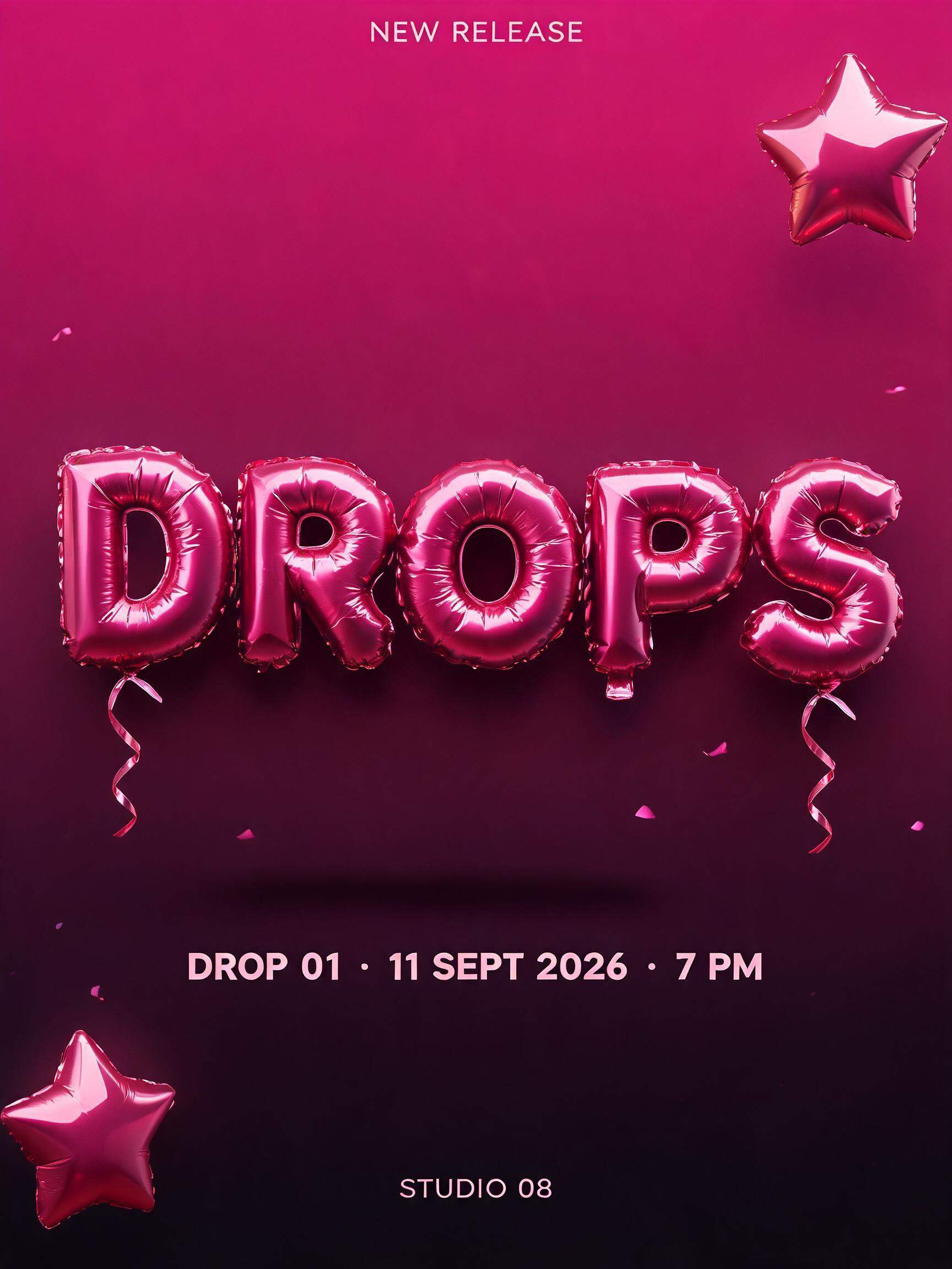 "DROPS
NEW RELEASE
DROP 01 · 11 SEPT 2026 · 7 PM
STUDIO 08" — 3d Bold Inflated | AI Text Effect Generator