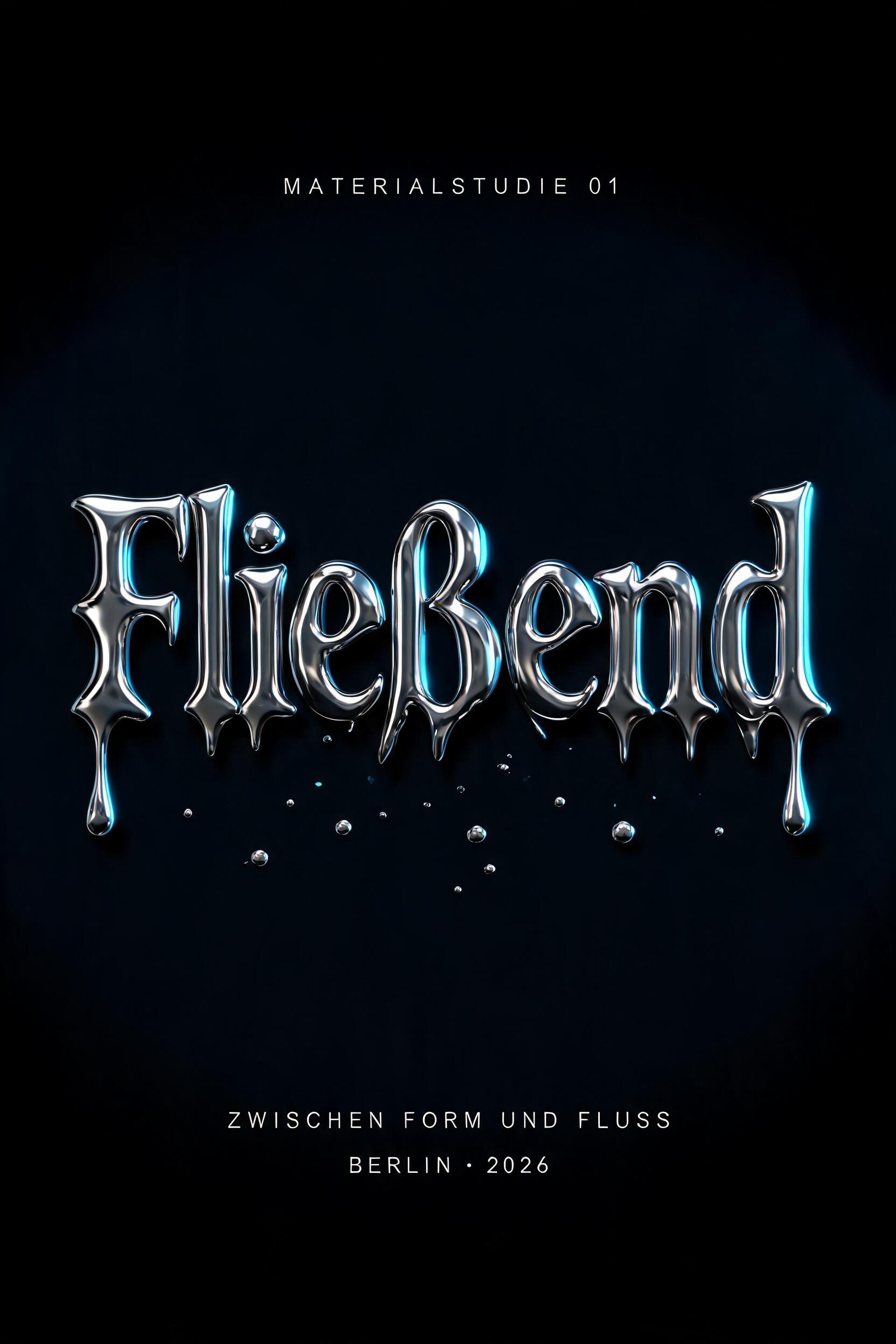 "Fließend
MATERIALSTUDIE 01
ZWISCHEN FORM UND FLUSS
BERLIN · 2026" — Chrome Metal 3d | AI Text Effect Generator