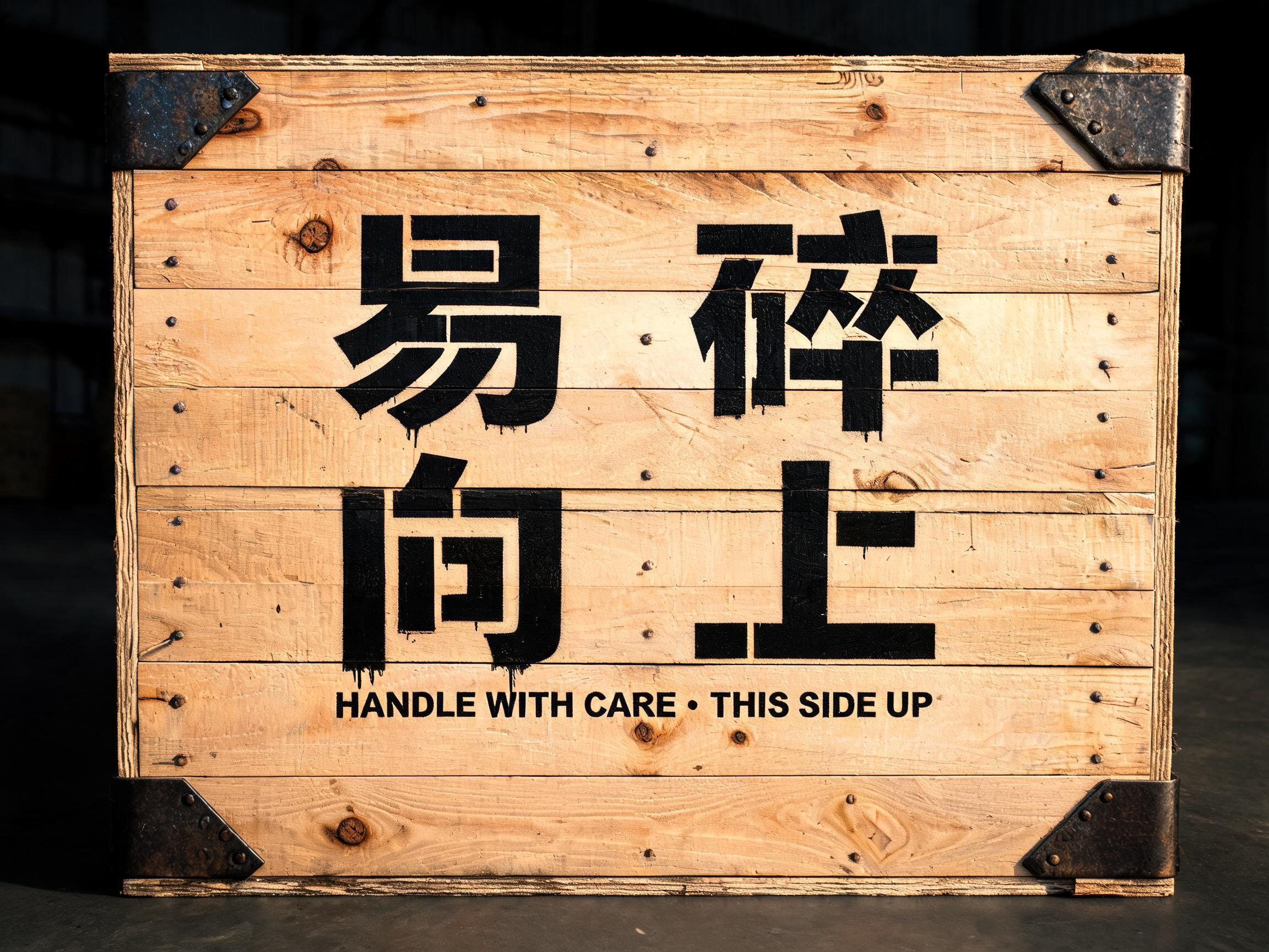 "给物流箱做一个镂空喷字，写「易碎 向上」" — Stencil | AI Text Effect Generator