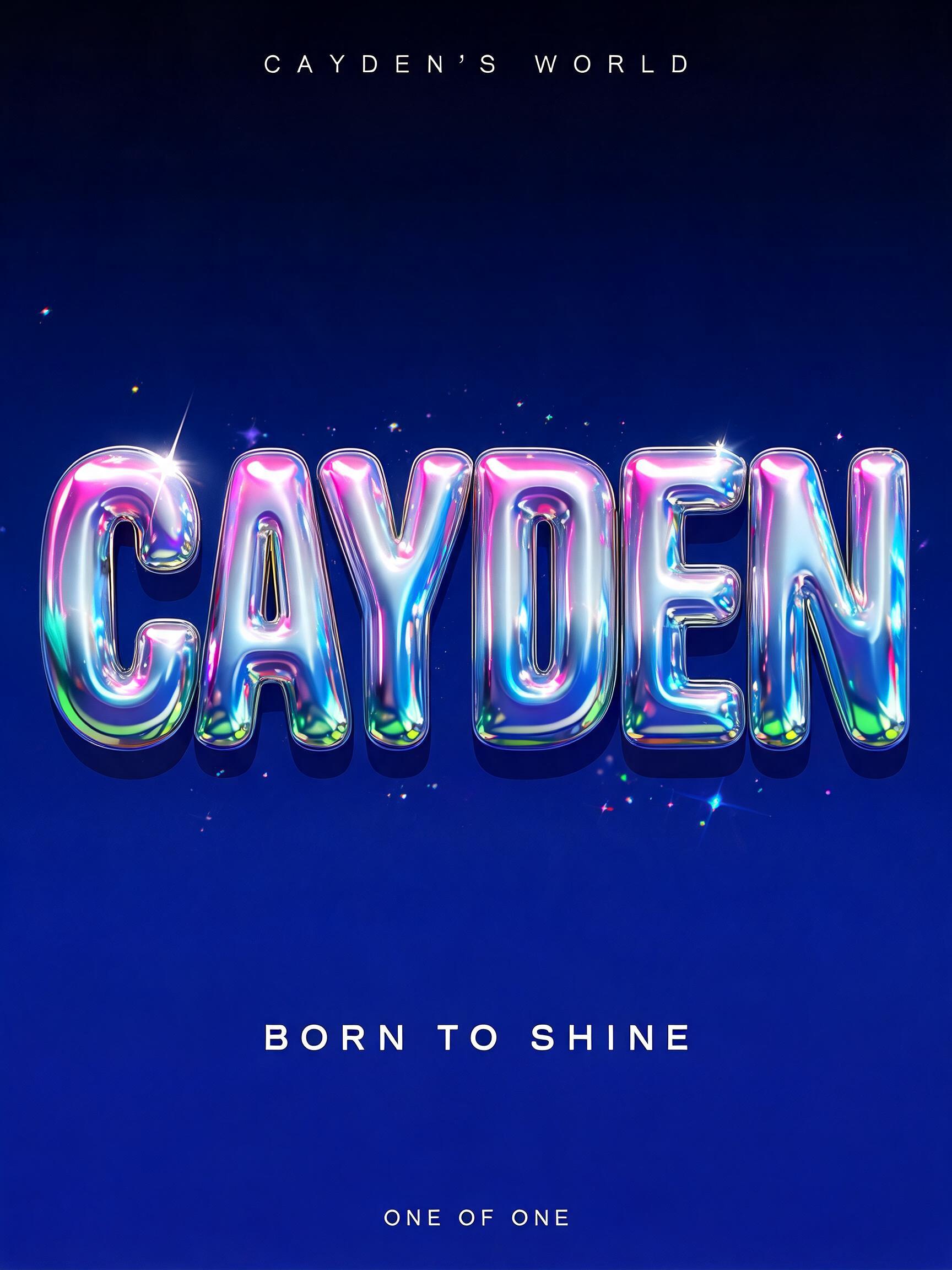 "CAYDEN
CAYDEN’S WORLD
BORN TO SHINE
ONE OF ONE" — Y2k | AI Text Effect Generator