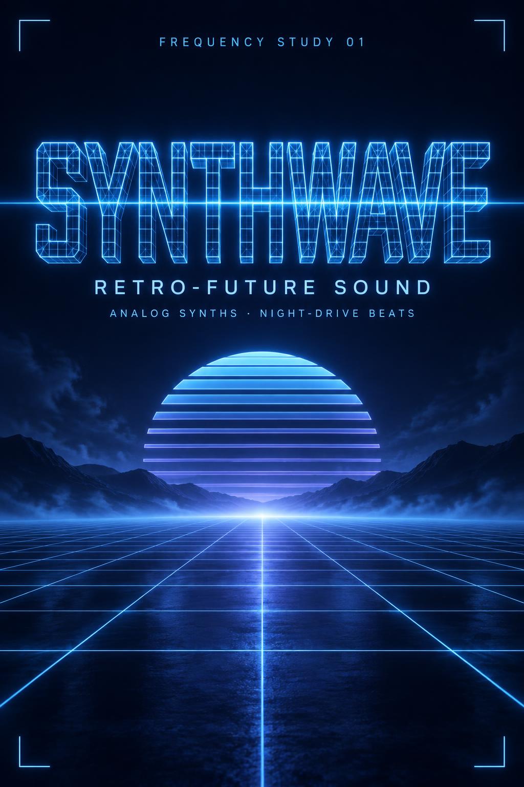 "SYNTHWAVE
RETRO-FUTURE SOUND
ANALOG SYNTHS · NIGHT-DRIVE BEATS
FREQUENCY STUDY 01" — Futuristic | AI Text Effect Generator