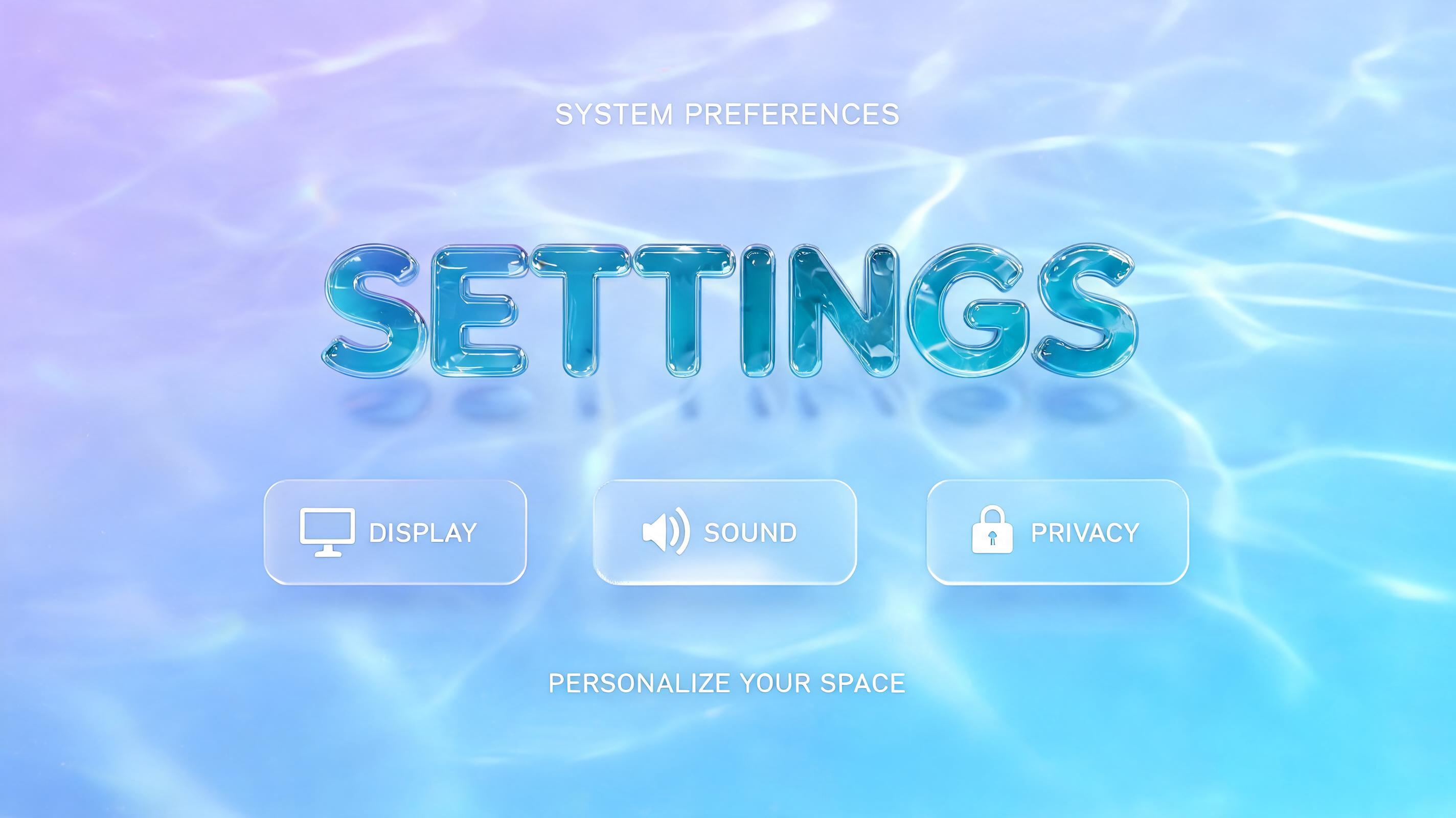 "SETTINGS
SYSTEM PREFERENCES
DISPLAY
SOUND
PRIVACY
PERSONALIZE YOUR SPACE" — Glass Liquid | AI Text Effect Generator