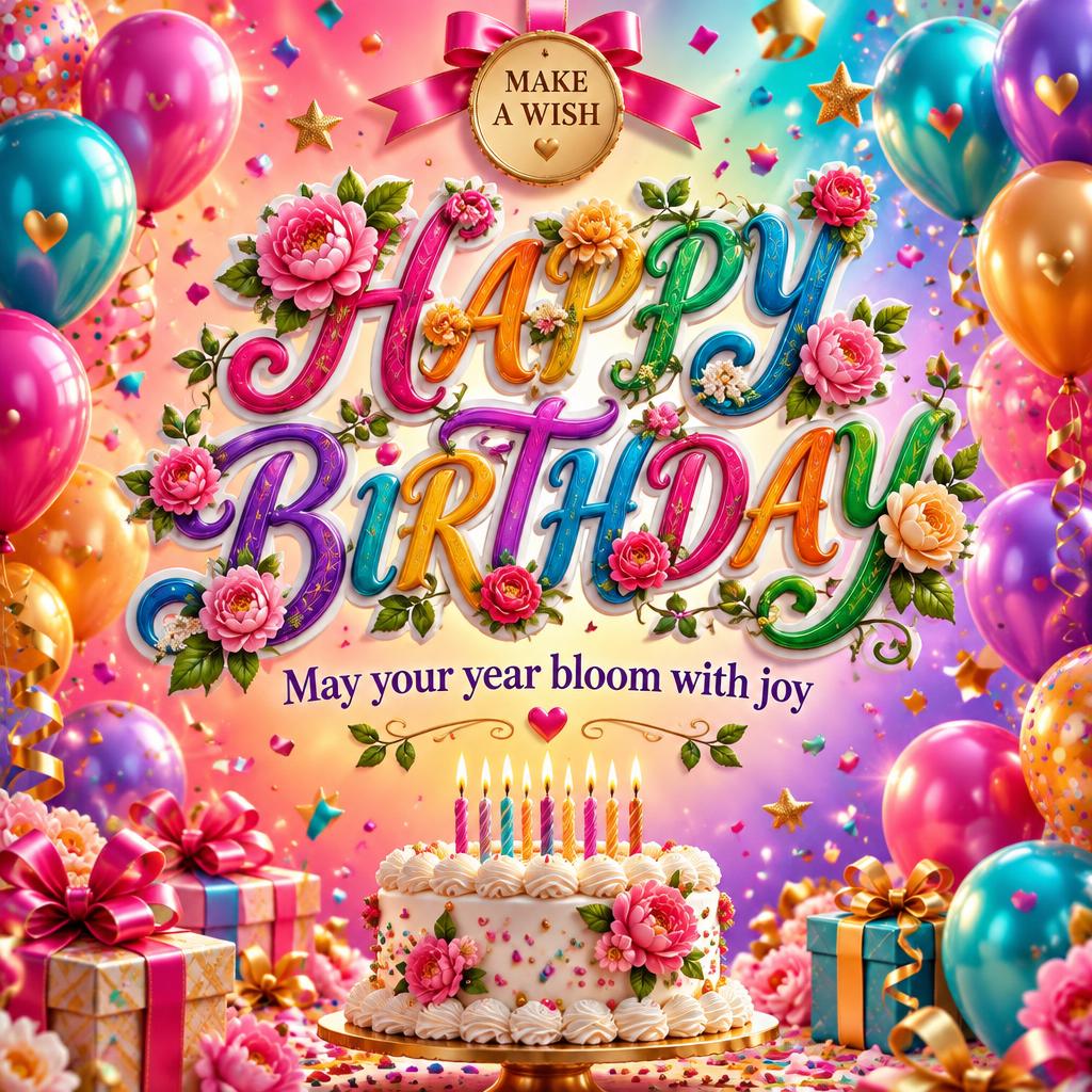 "HAPPY BIRTHDAY
May your year bloom with joy
MAKE A WISH" — Birthday | AI Text Effect Generator